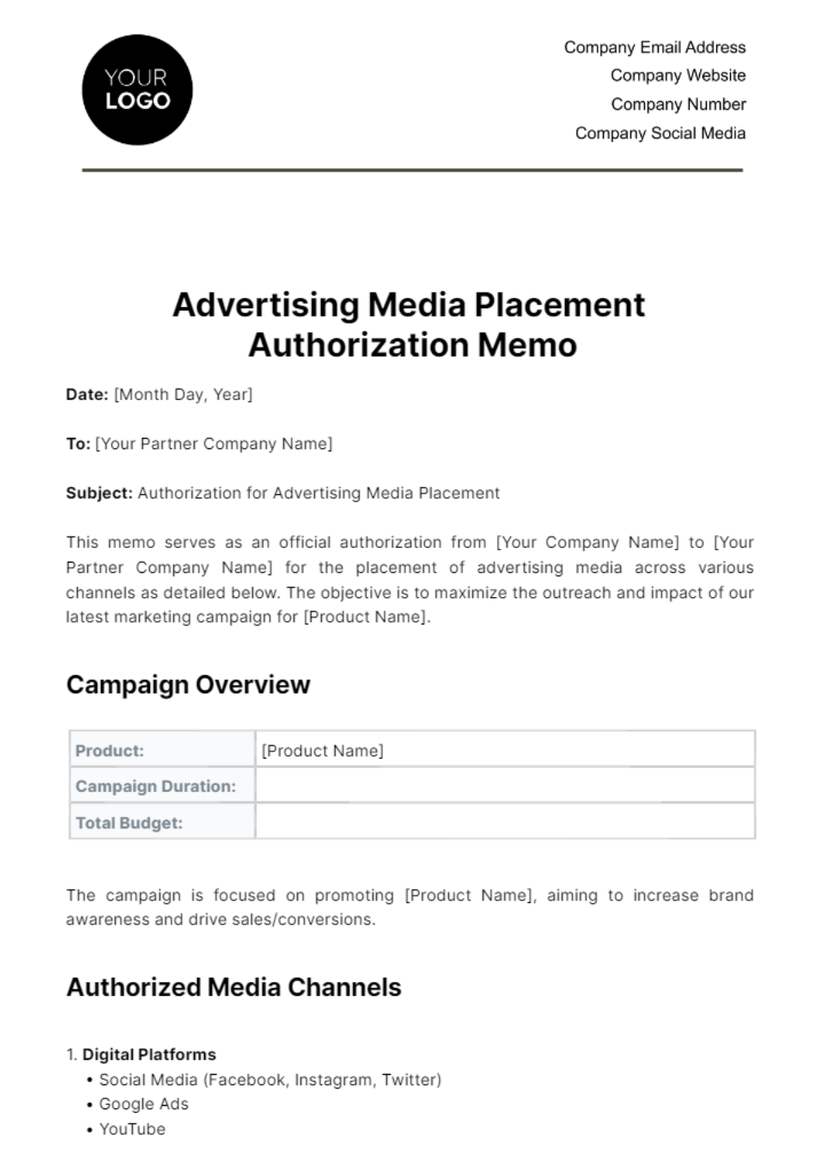 Advertising Media Placement Authorization Memo Template