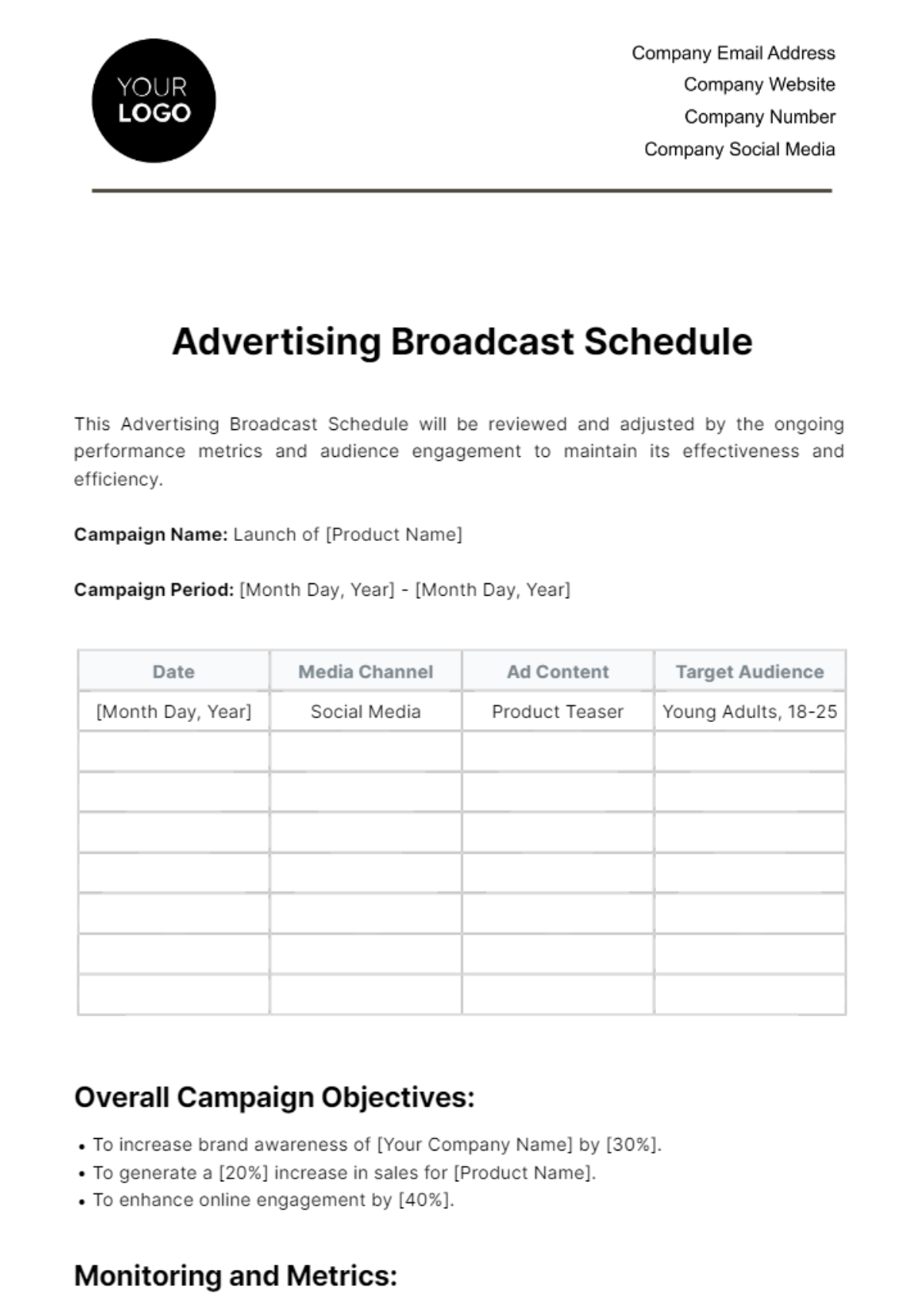 Advertising Broadcast Schedule Template