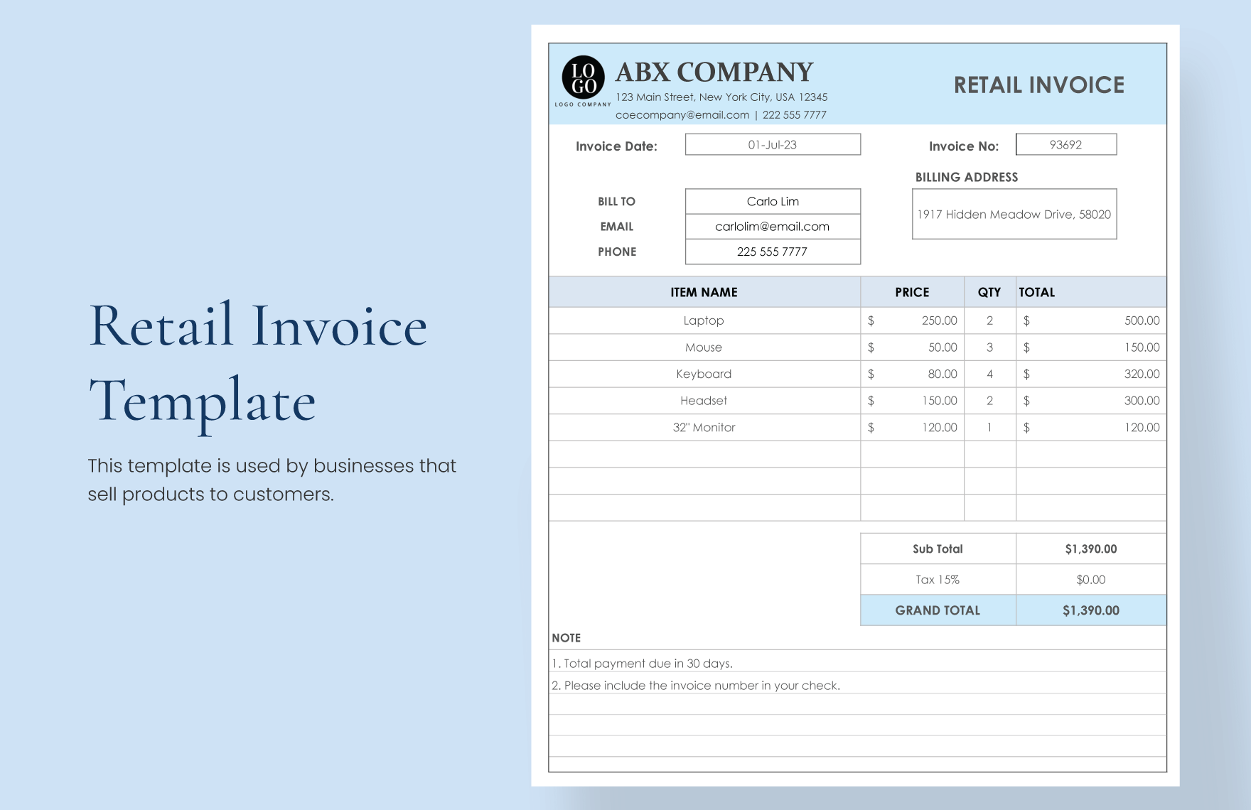 Retail Invoice Template in Word, Google Docs, Excel, PDF, Google Sheets, Apple Pages, Apple Numbers