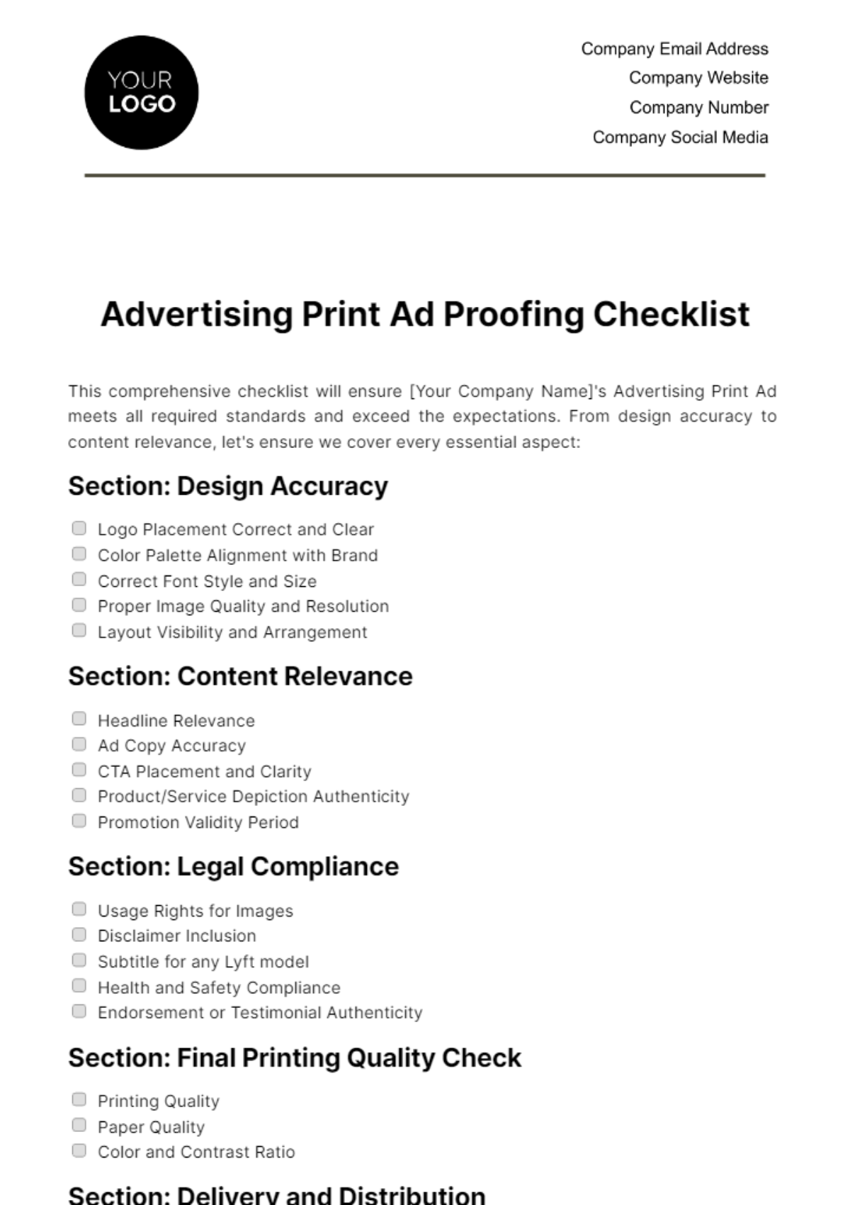 Free Advertising Print Ad Proofing Checklist Template