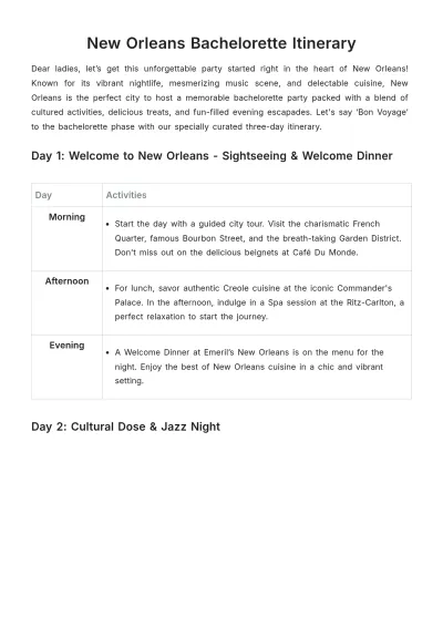 Free New Orleans Bachelorette Itinerary Template to Edit Online