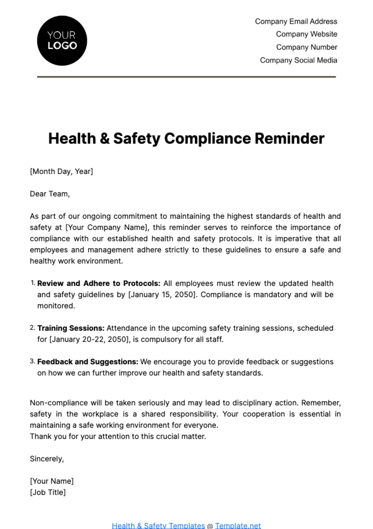 Free Health & Safety Compliance Reminder Template