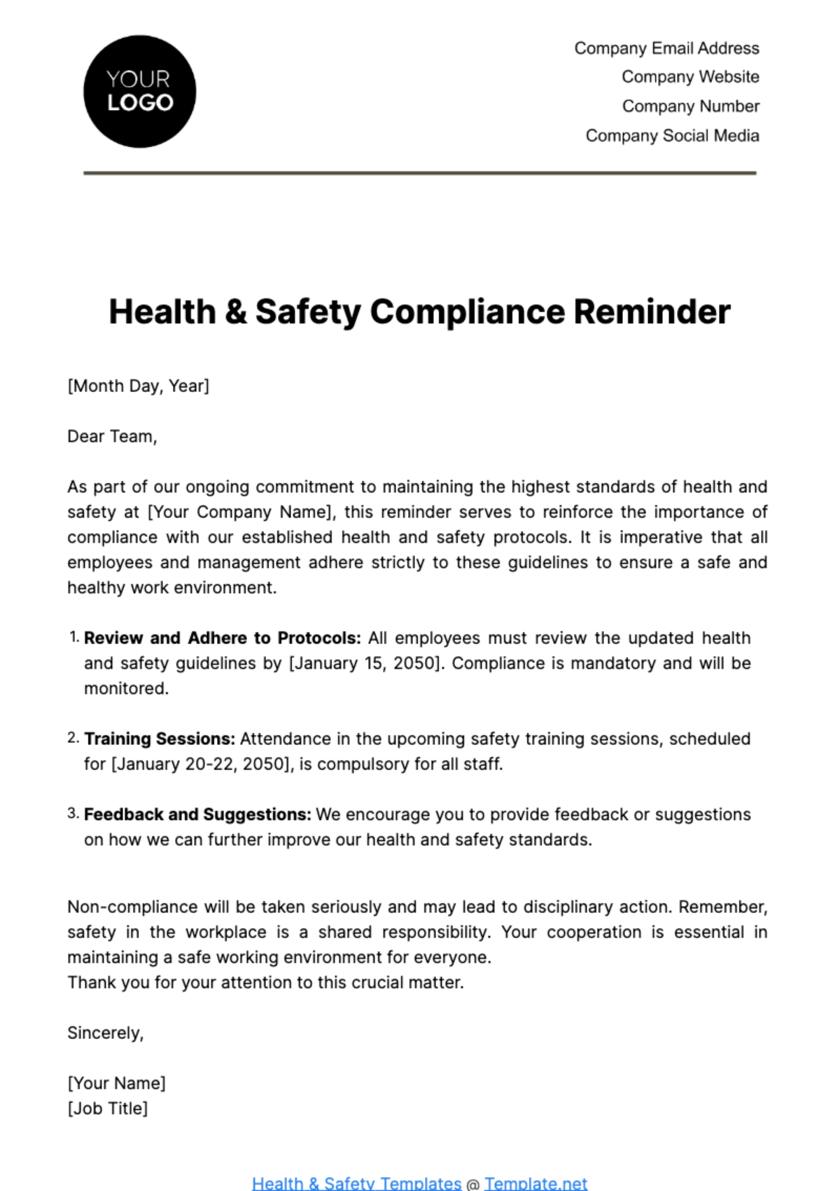 Health & Safety Compliance Reminder Template - Edit Online & Download