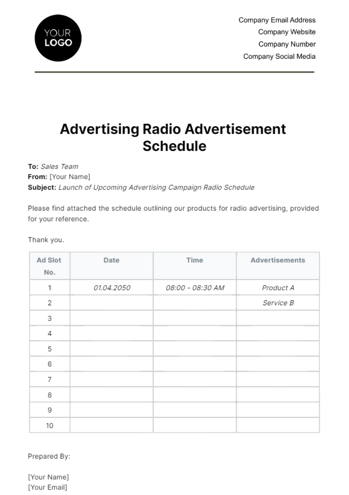 Advertising Radio Advertisement Schedule Template