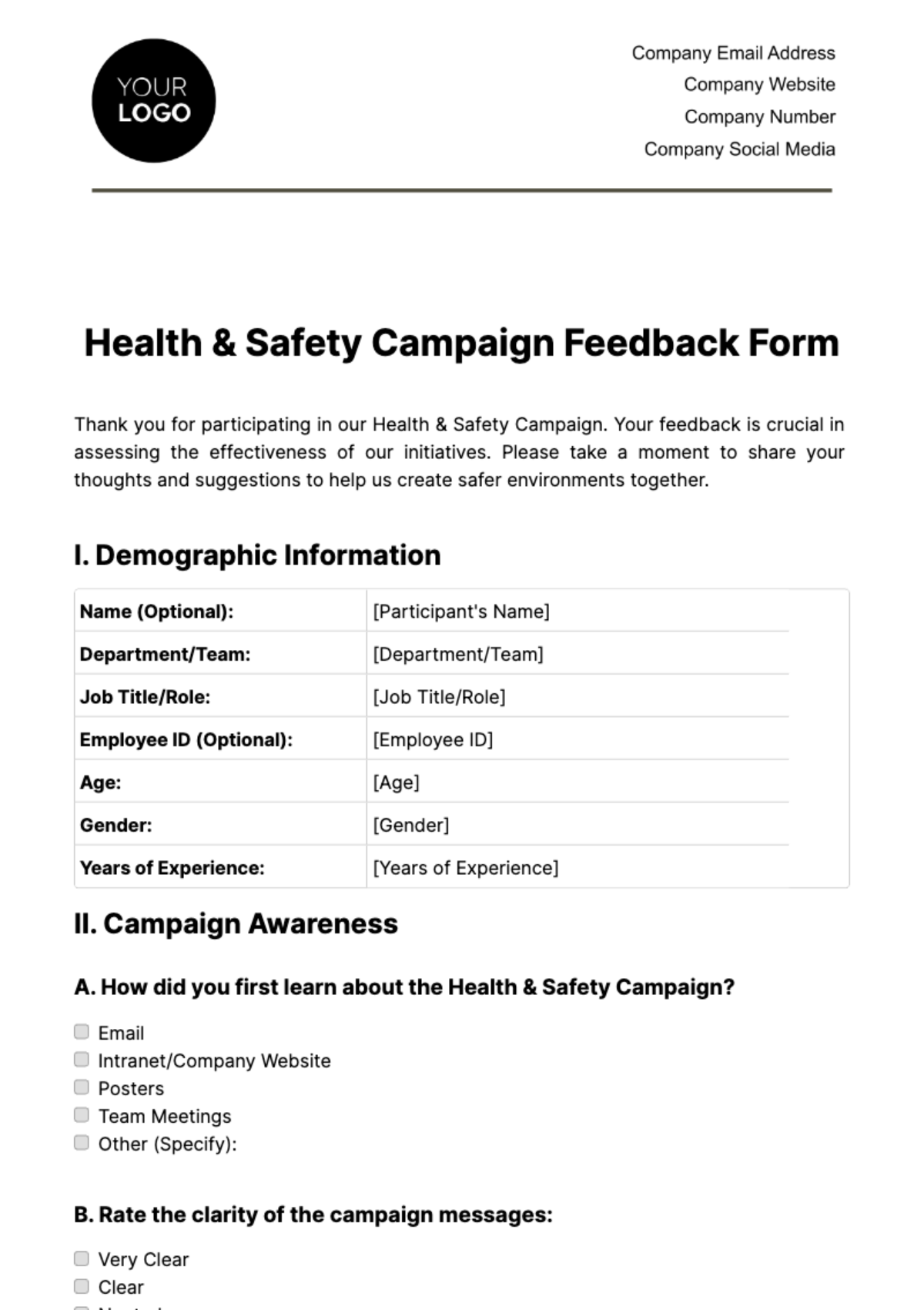 Free Health & Safety Campaign Feedback Form Template