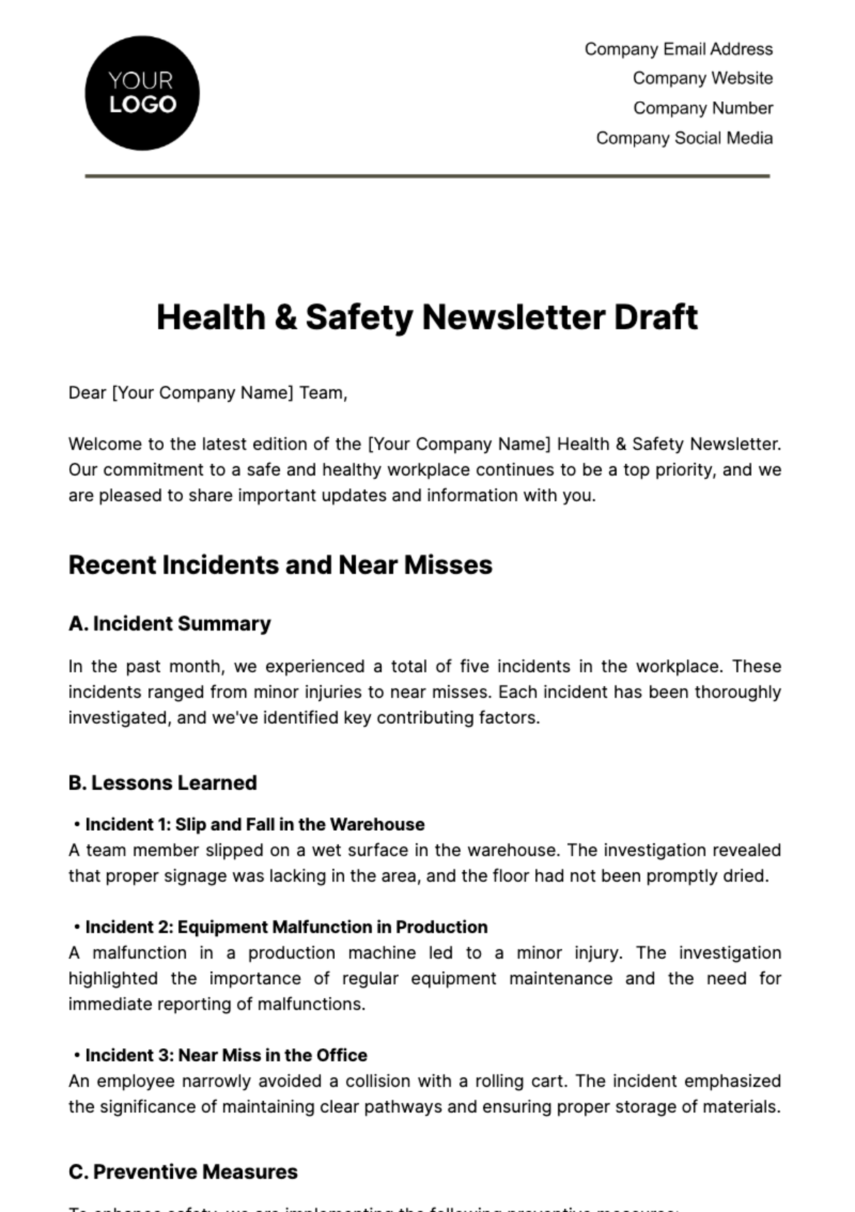 Free Health & Safety Newsletter Draft Template