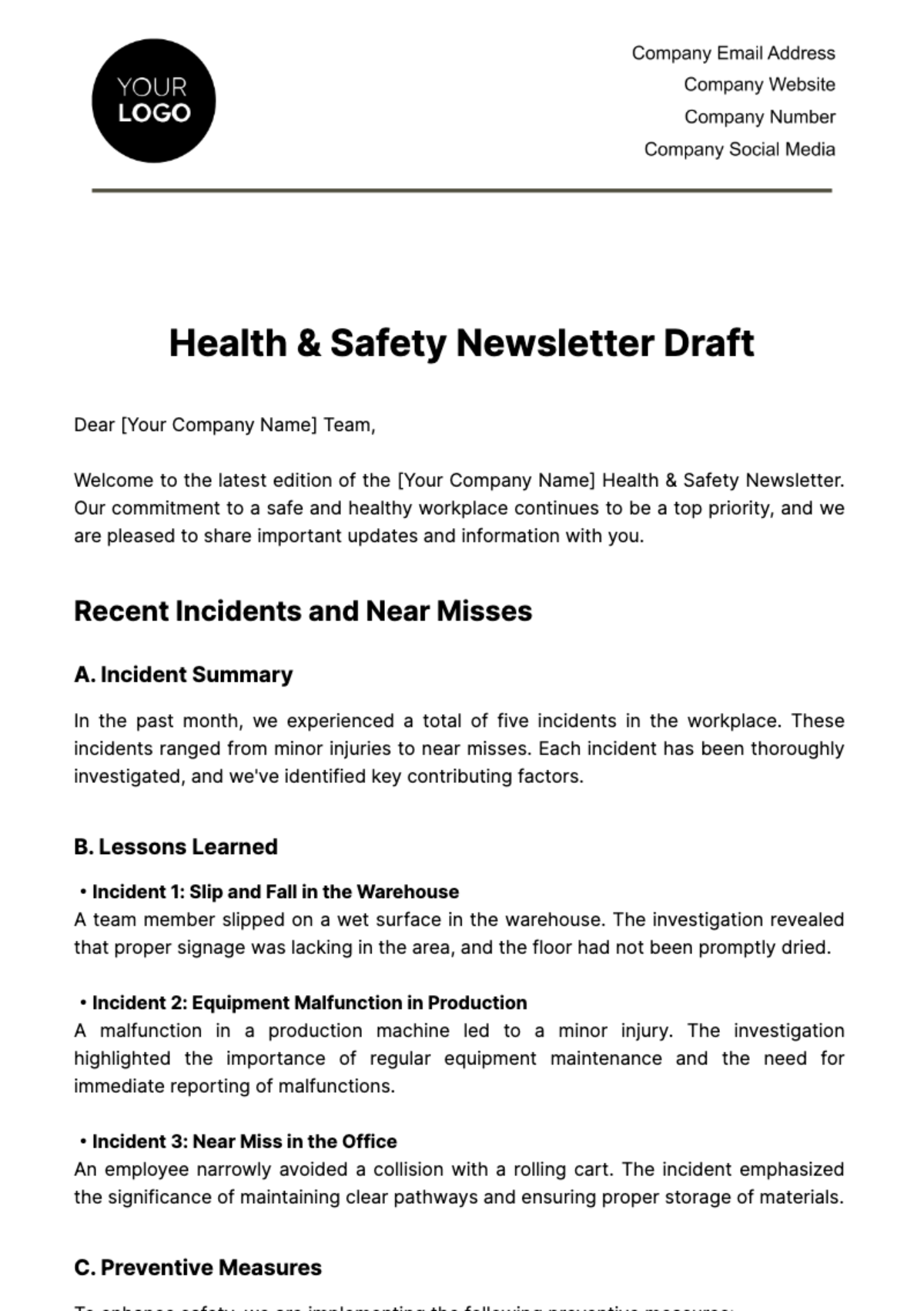 Health & Safety Newsletter Draft Template