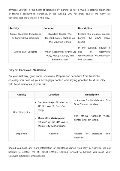 Free 5 Day Nashville Itinerary Template to Edit Online
