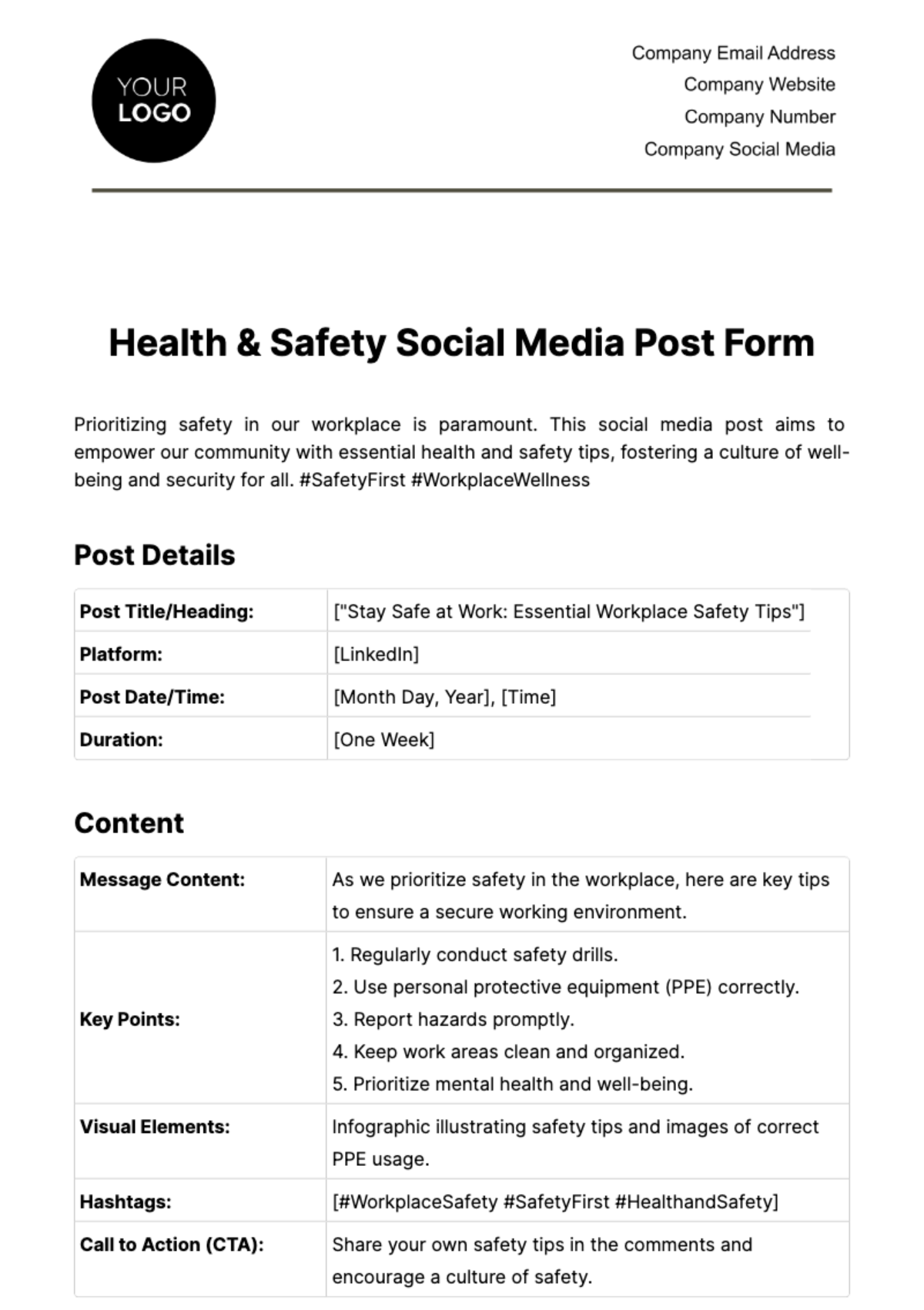 Health & Safety Social Media Post Form Template