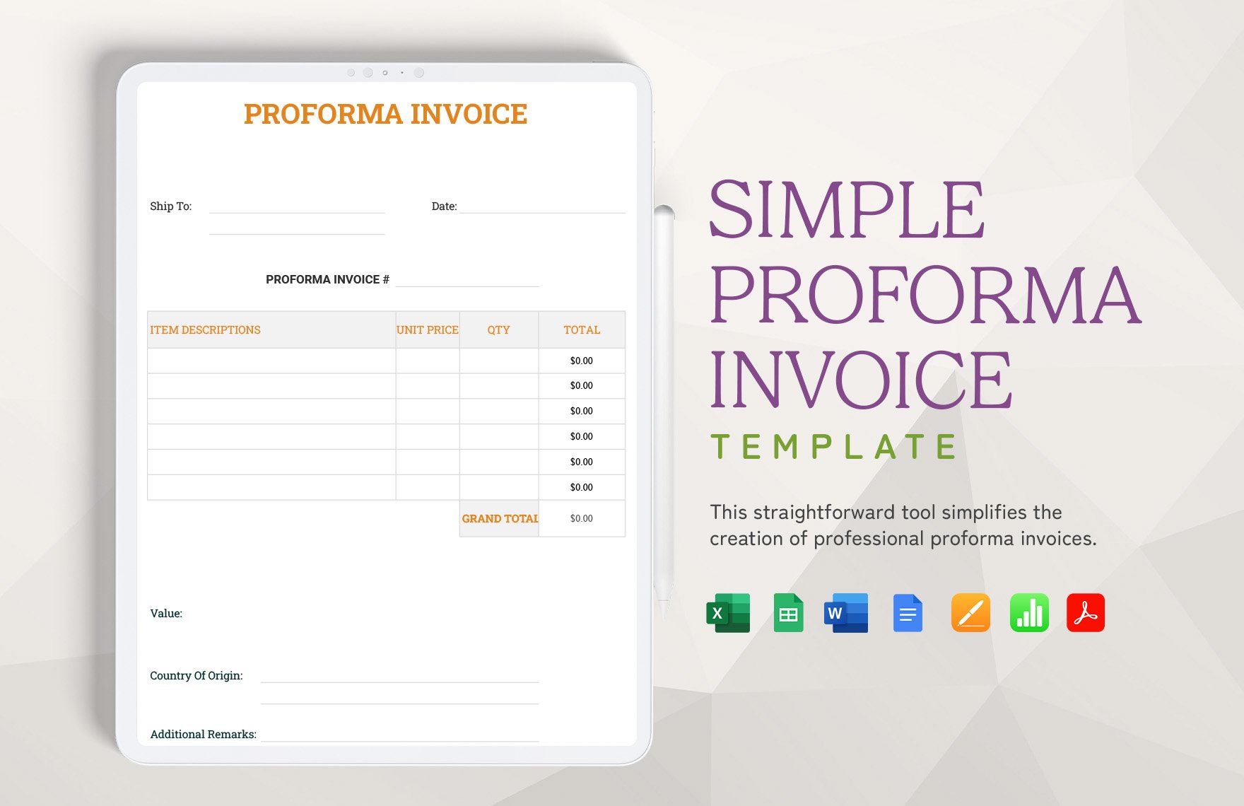 Simple Proforma Invoice Template in Word, Google Docs, Excel, PDF, Google Sheets, Apple Pages, Apple Numbers