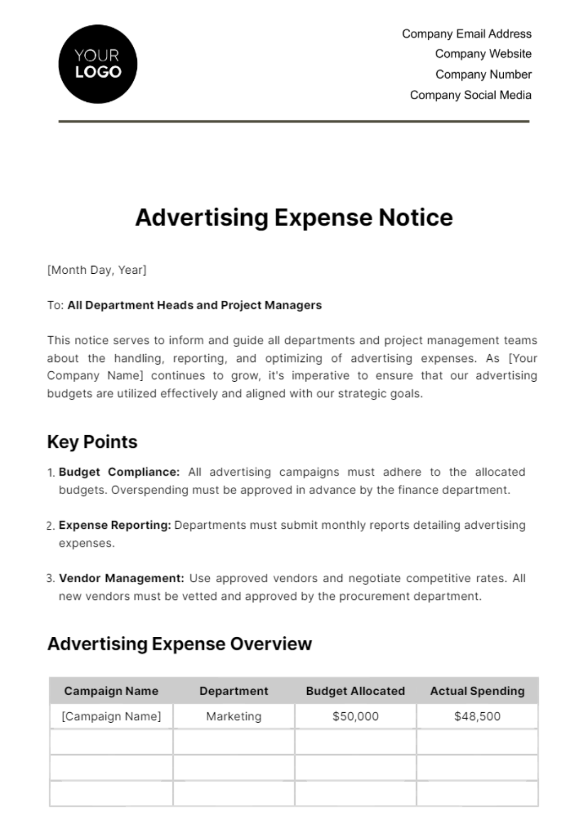 Free Advertising Expense Notice Template