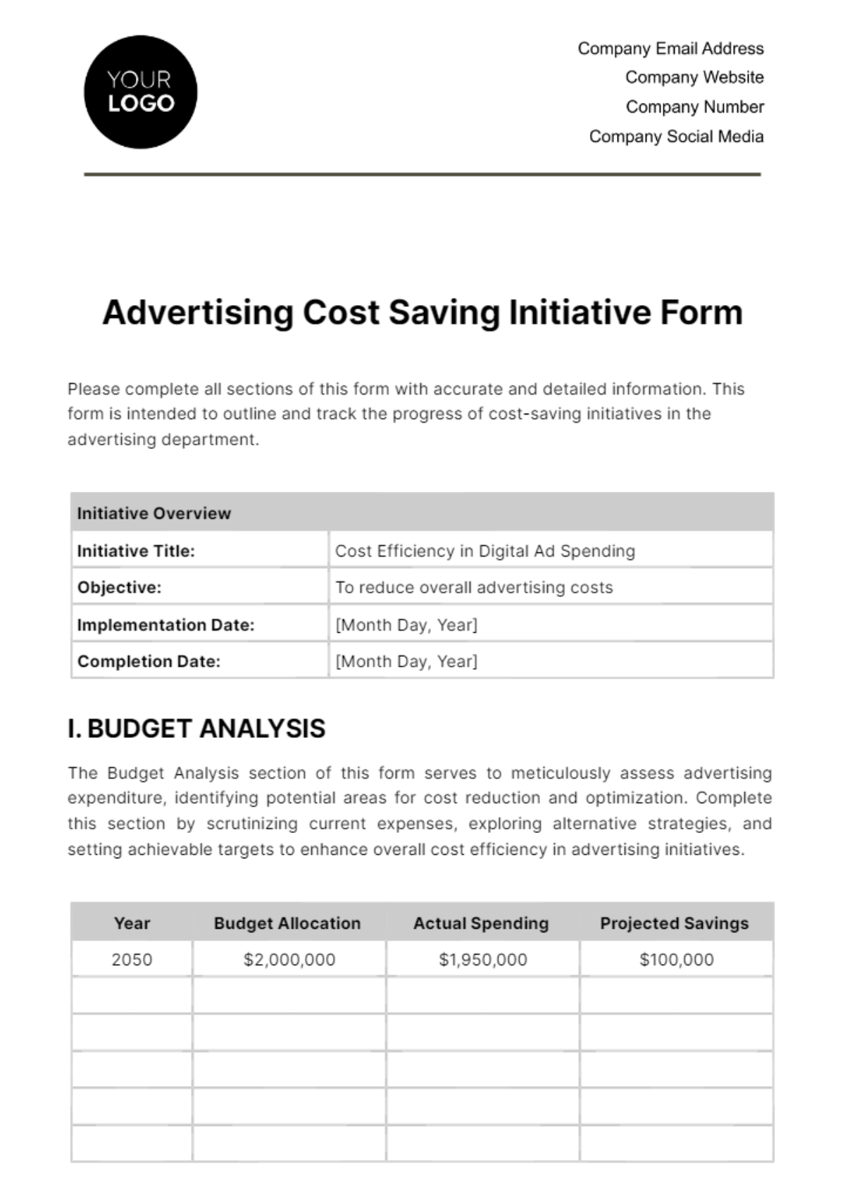 Free Advertising Cost Saving Initiative Form Template