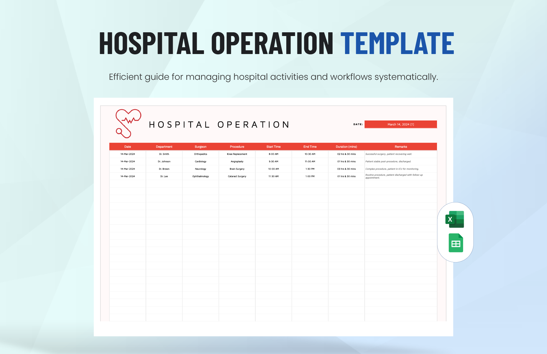 Hospital Operation Template in Excel, Google Sheets