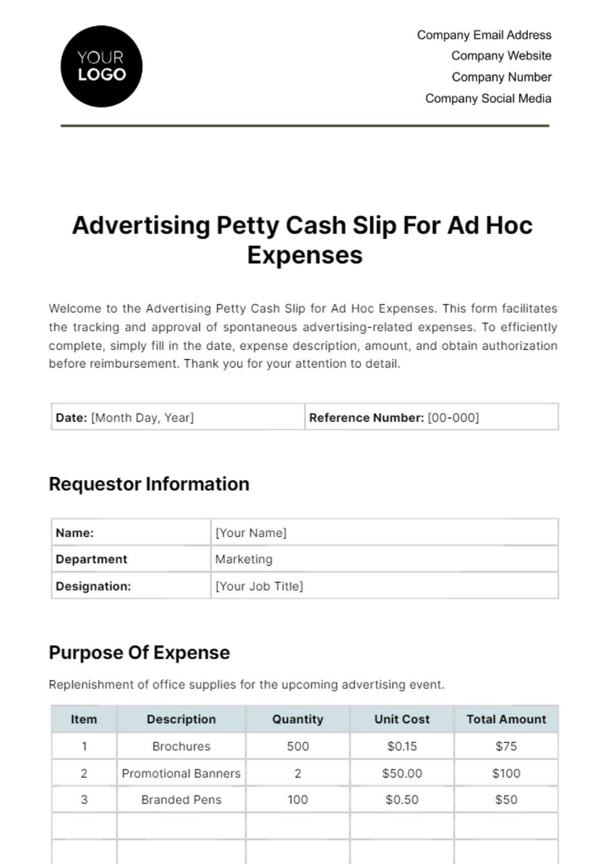 Free Advertising Petty Cash Slip for Ad Hoc Expenses Template