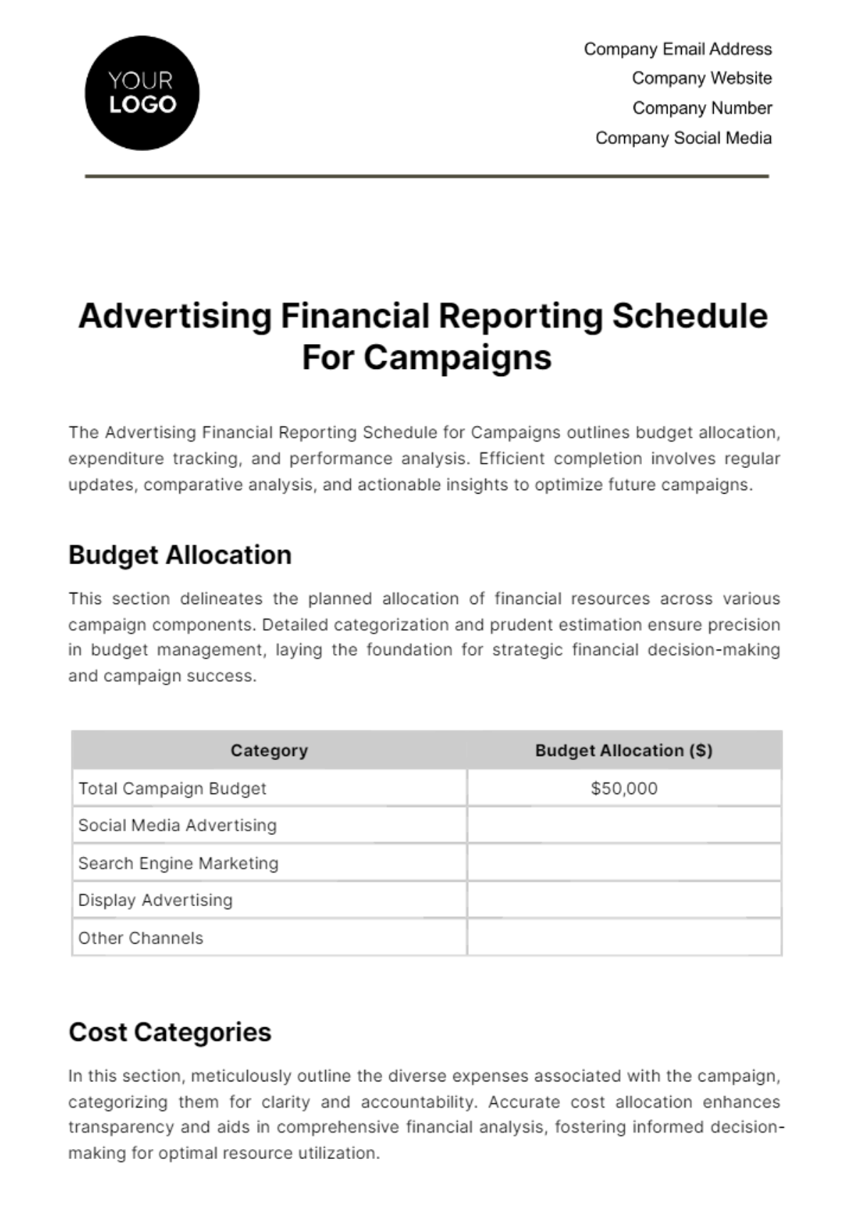 Free Advertising Financial Reporting Schedule for Campaigns Template