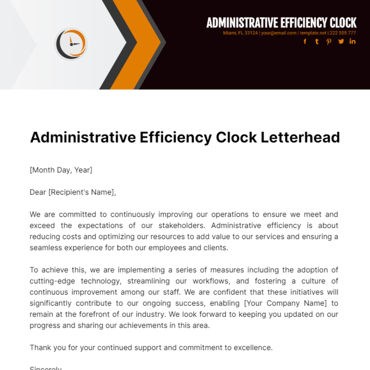 Free Administrative Efficiency Clock Letterhead Template
