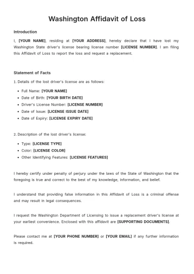 Free Washington Affidavit of Loss Template to Edit Online