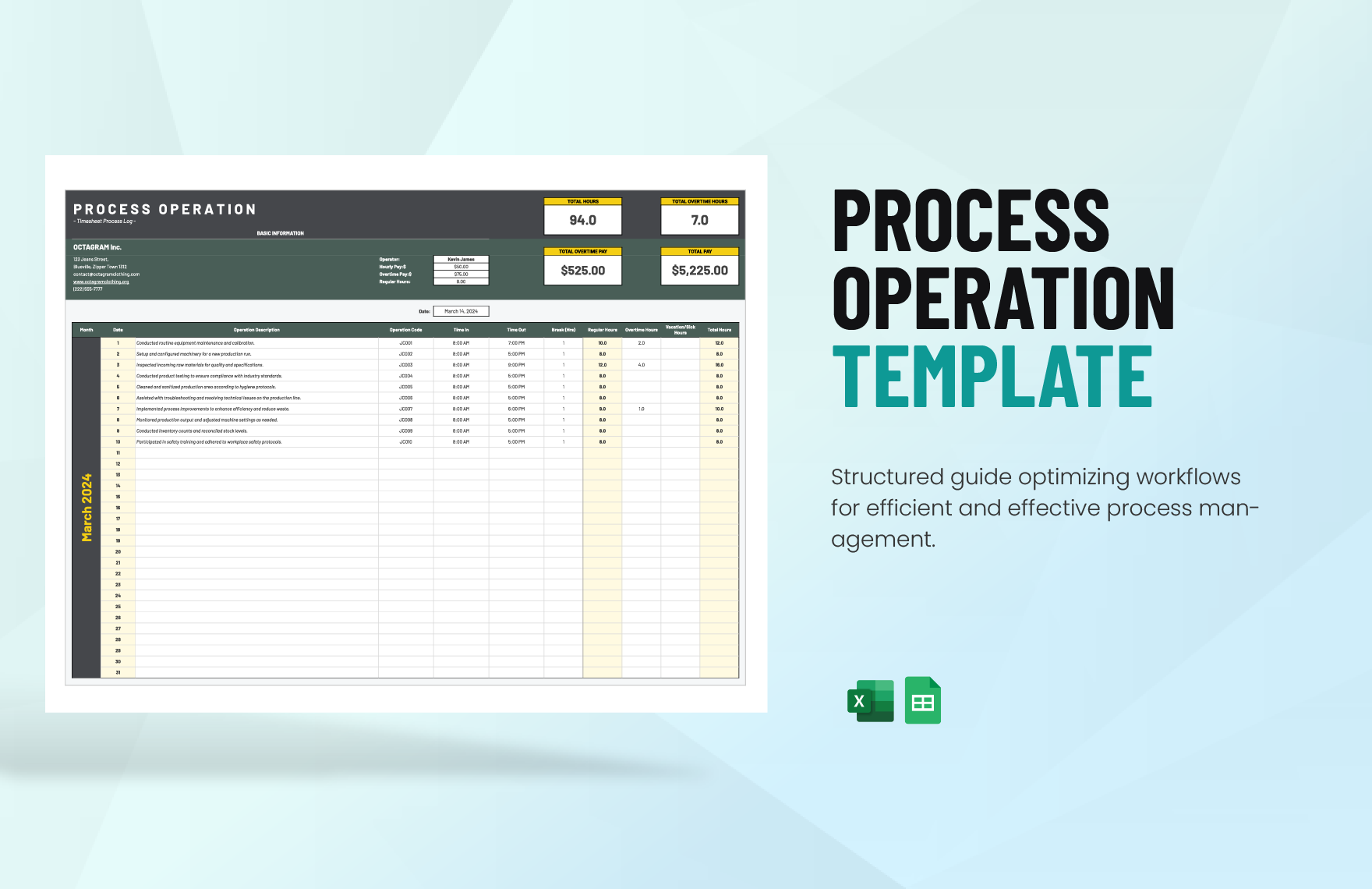 Process Operation Template in Excel, Google Sheets