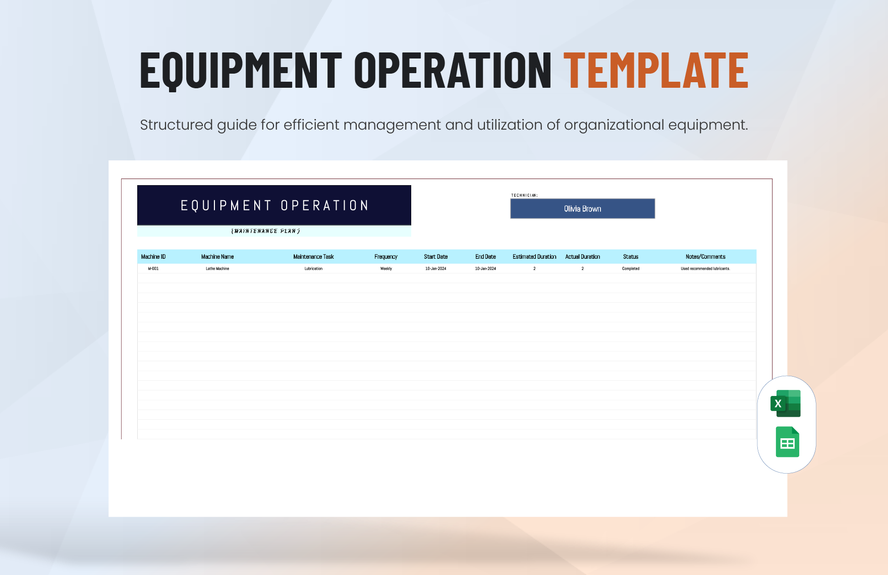Equipment Operation Template in Excel, Google Sheets