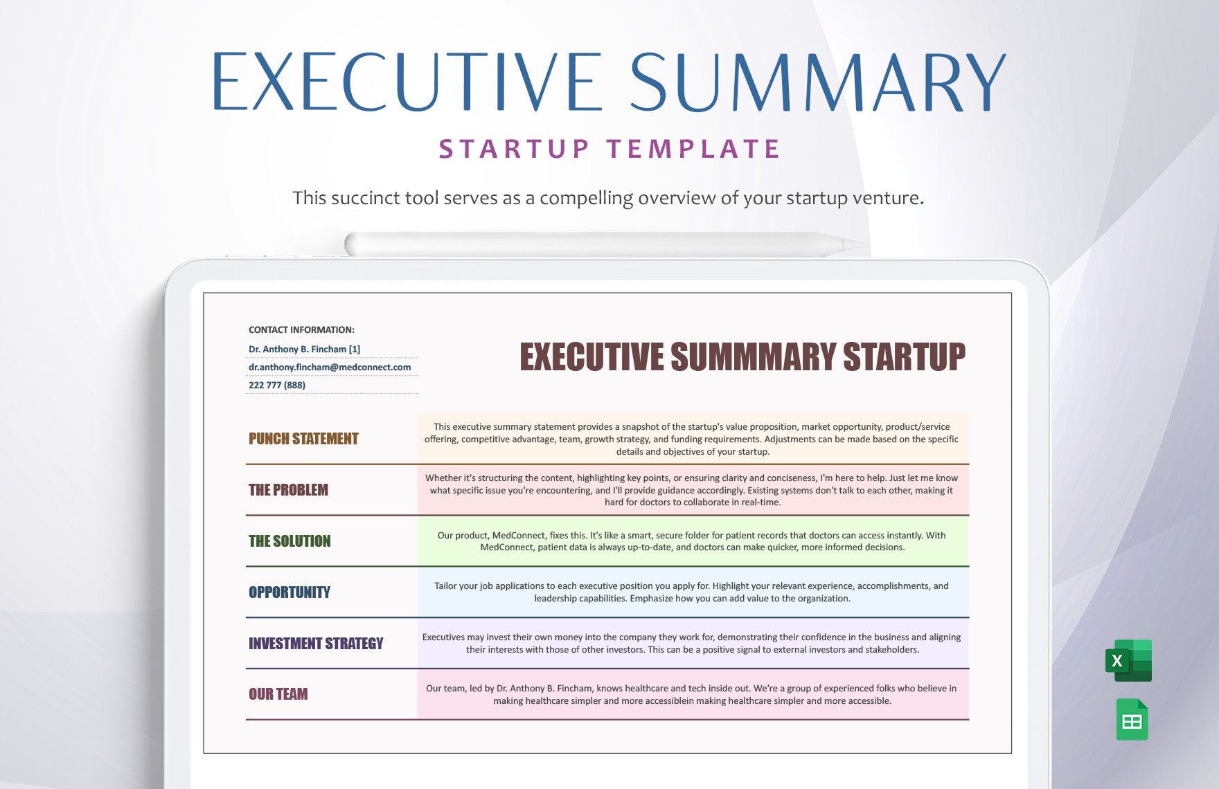Executive Summary Startup Template in Excel, Google Sheets