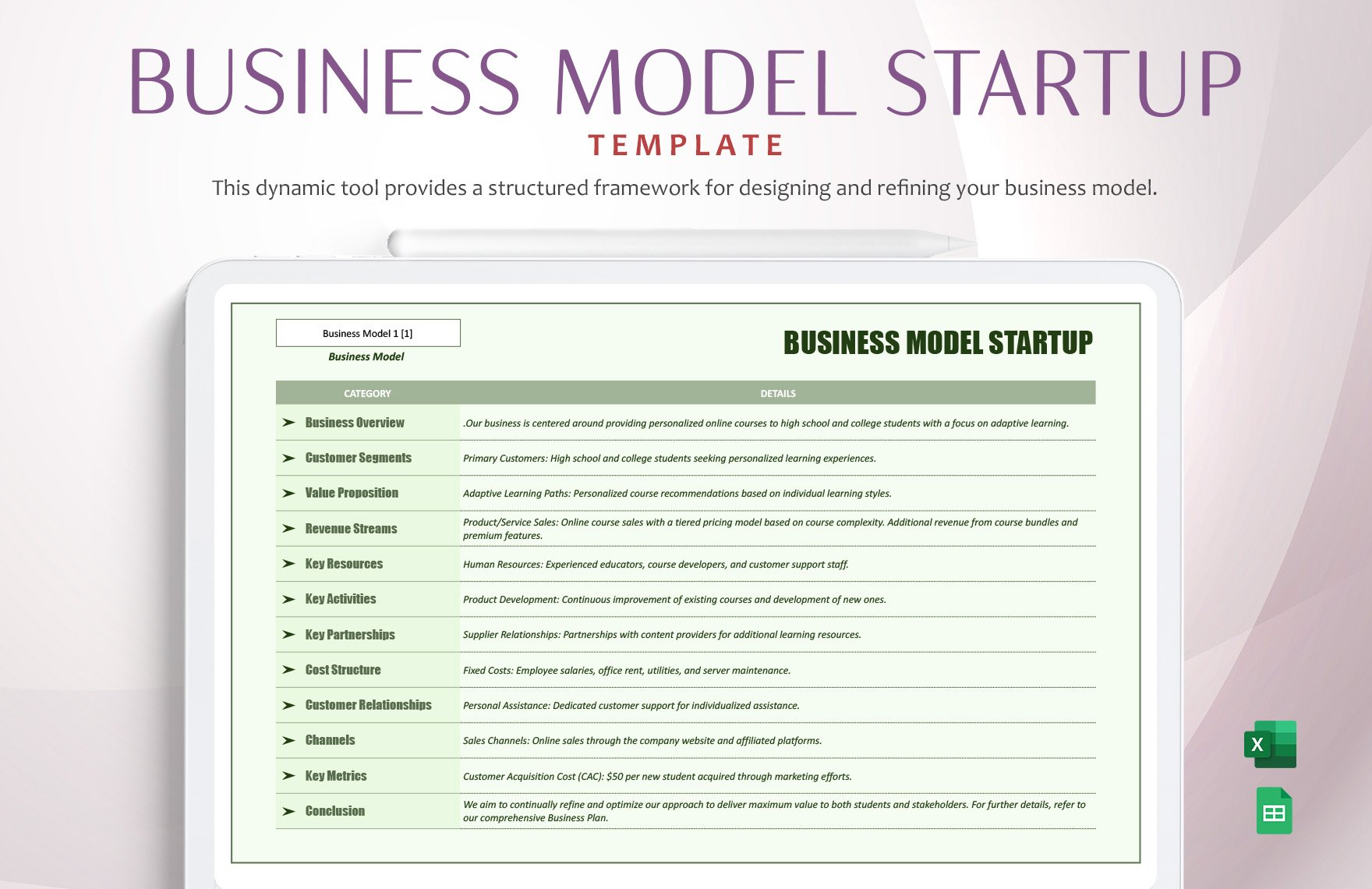 Business Model Startup Template in Excel, Google Sheets