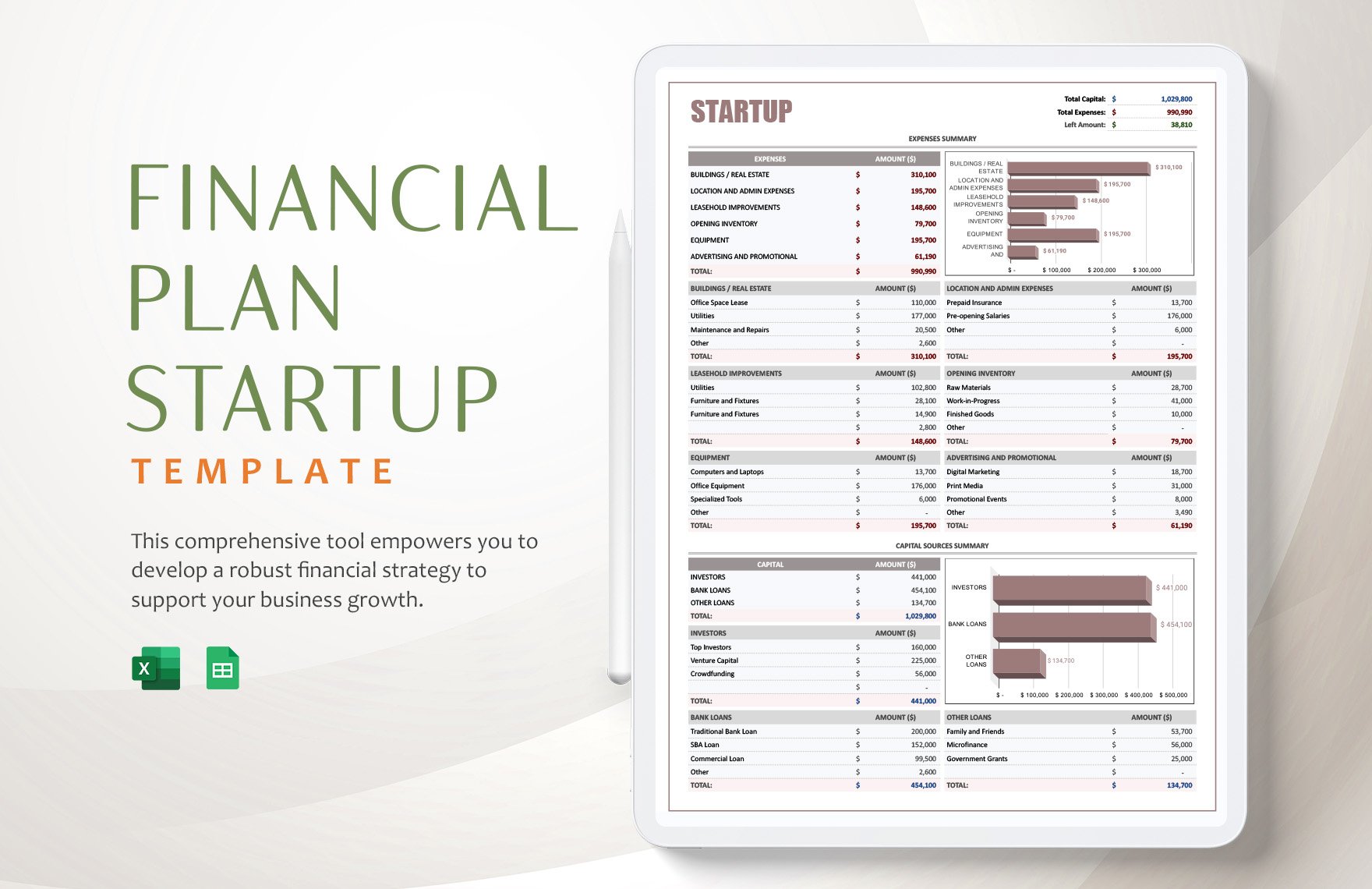 Financial Plan Startup Template in Excel, Google Sheets