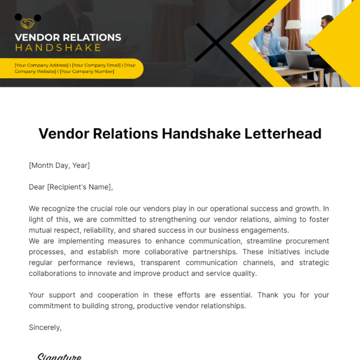 Vendor Relations Handshake Letterhead Template