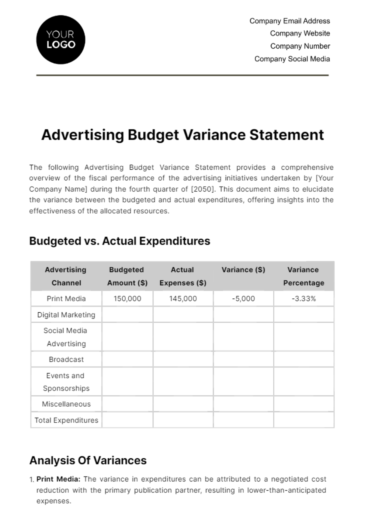 Free Advertising Budget Variance Statement Template