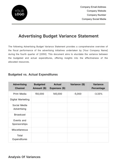 Free Advertising Budget Variance Statement Template to Edit Online