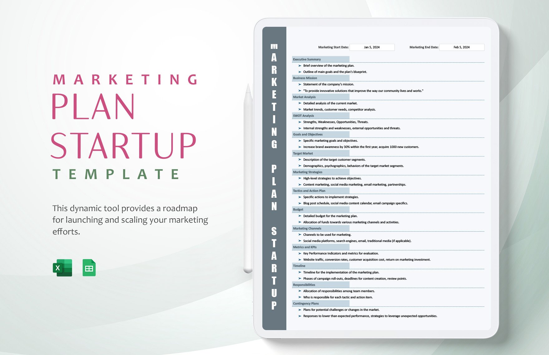 Marketing Plan Startup Template in Excel, Google Sheets