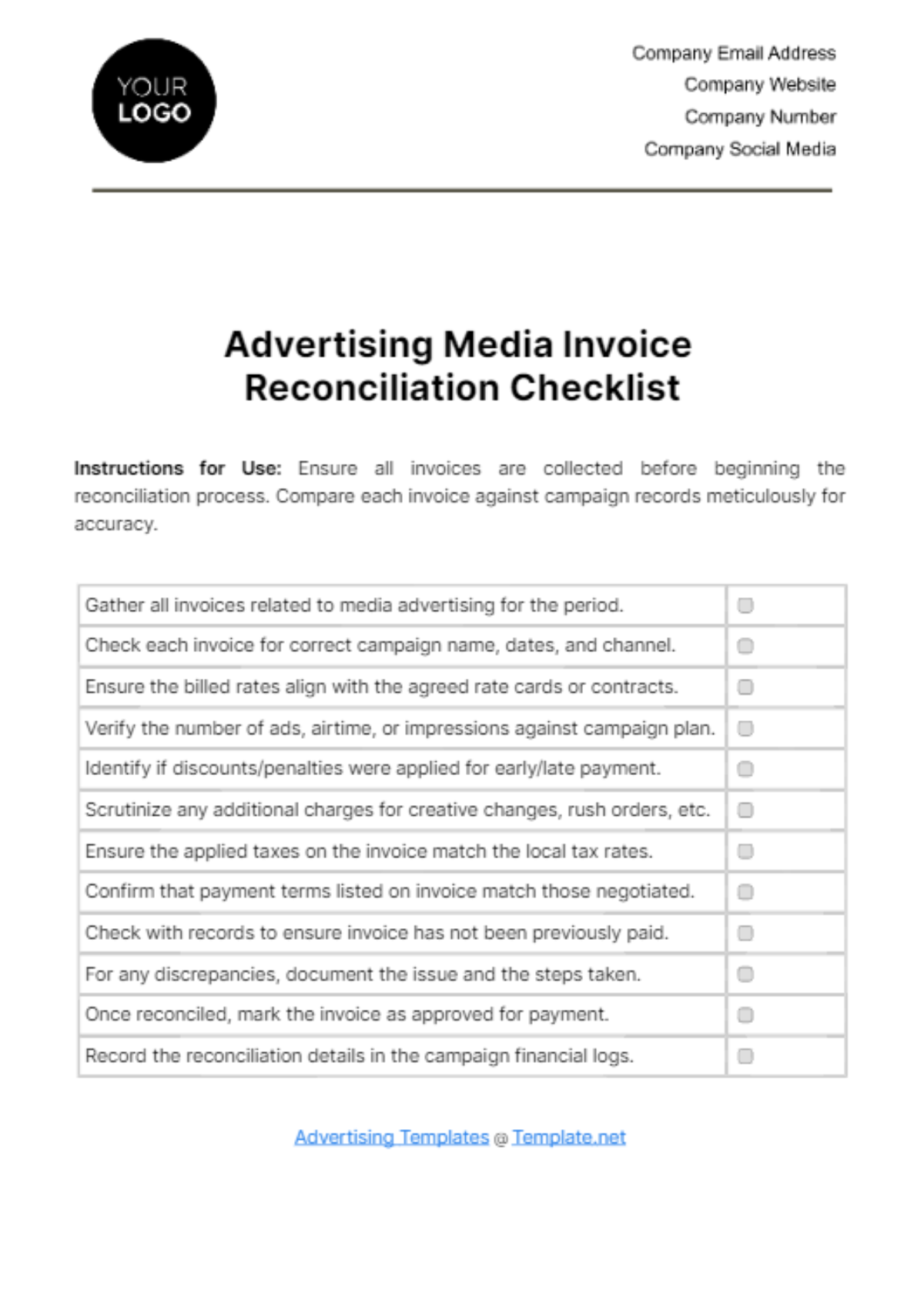 Free Advertising Media Invoice Reconciliation Checklist Template