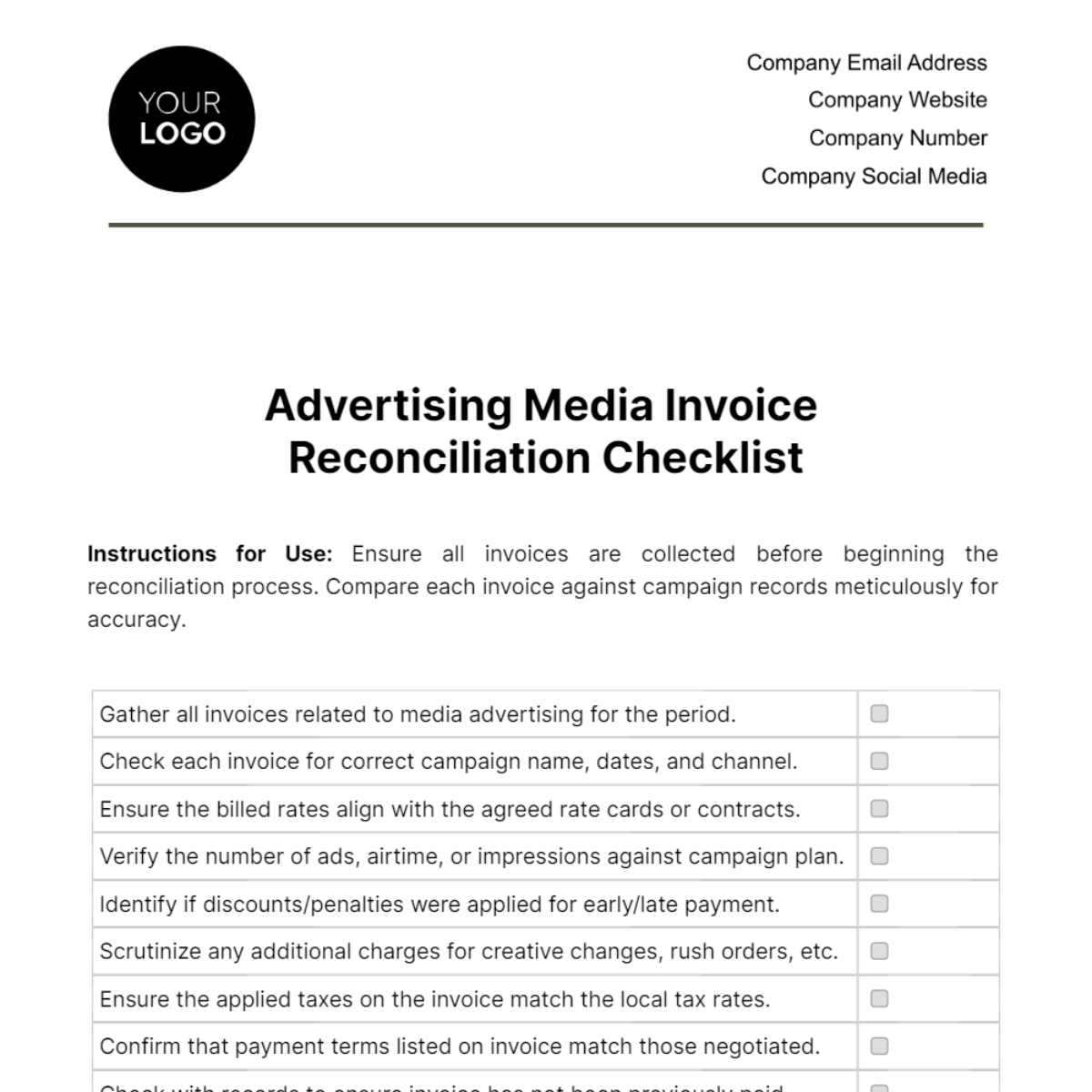 Advertising Media Invoice Reconciliation Checklist Template