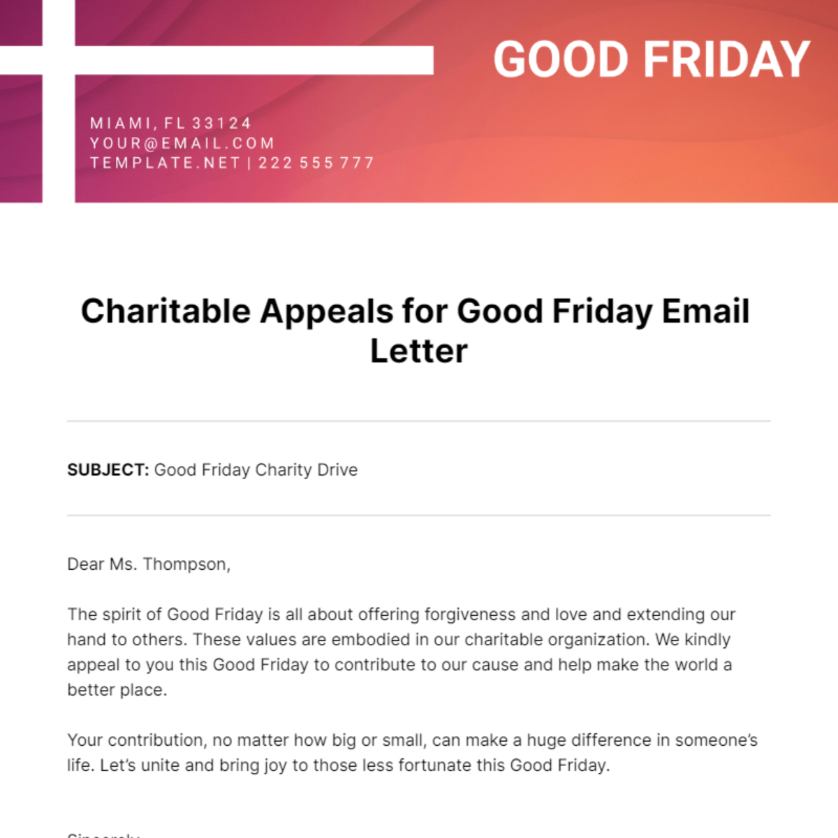 Free Charitable Appeals for Good Friday Email Letter Template
