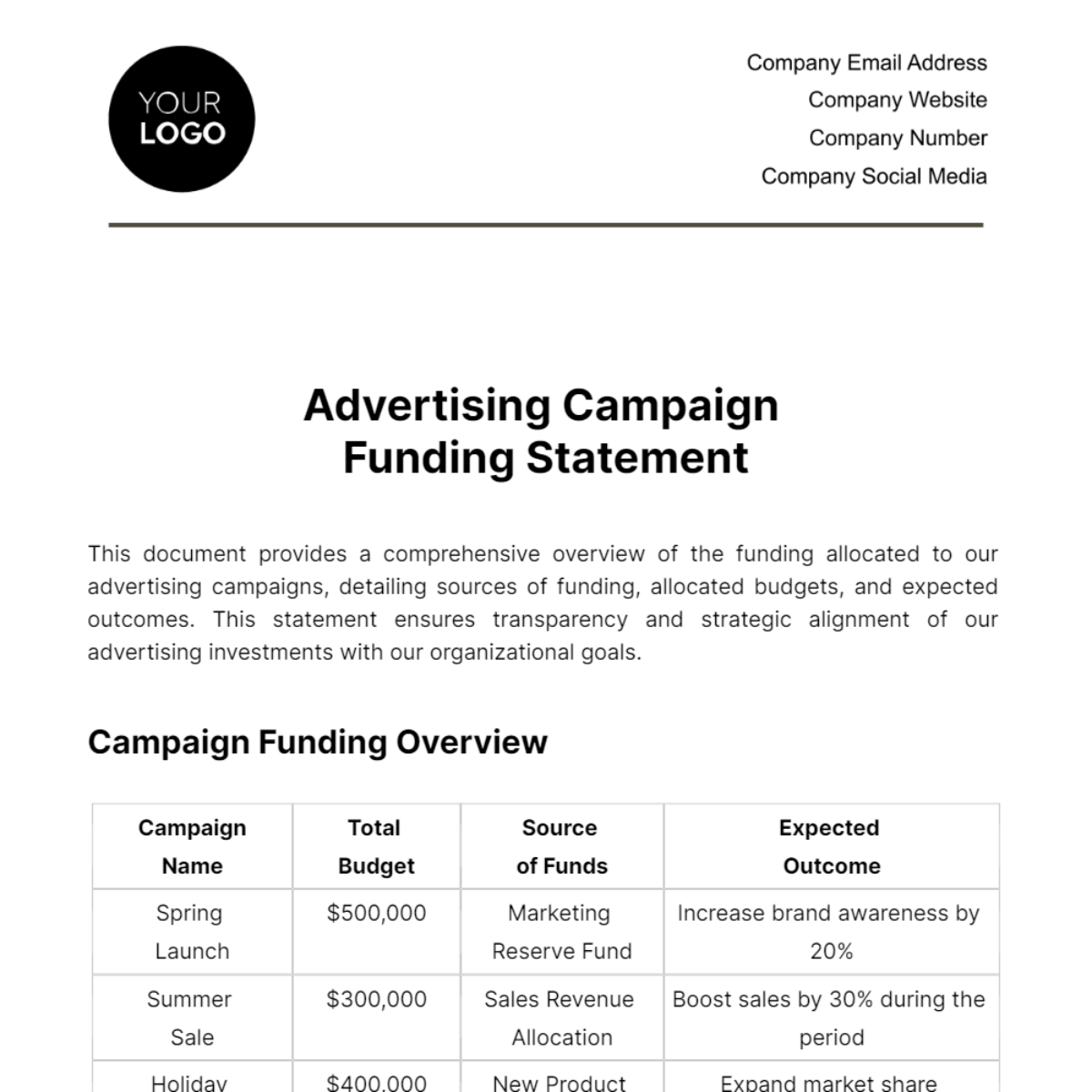 Advertising Campaign Funding Statement Template