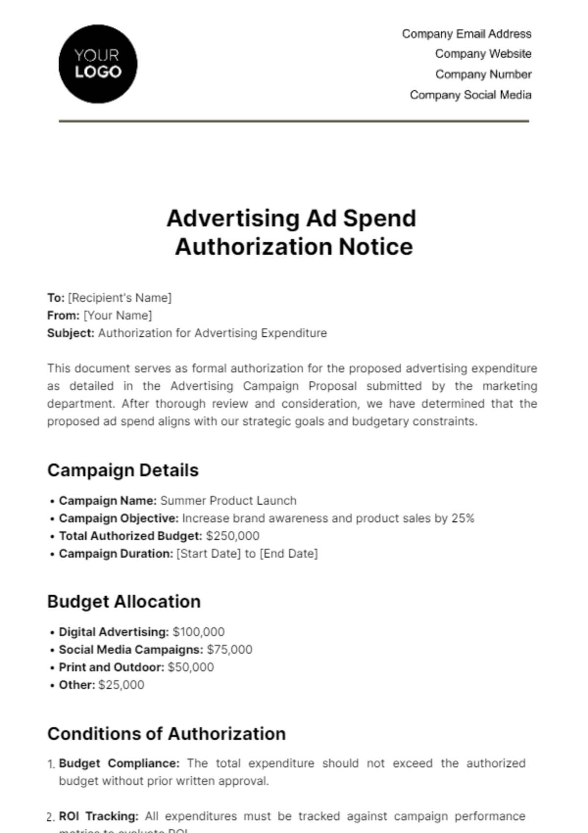 Free Advertising Ad Spend Authorization Notice Template