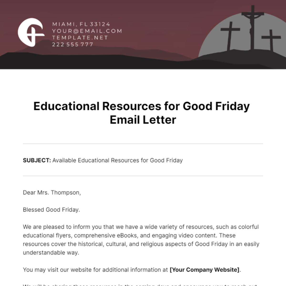 Educational Resources for Good Friday Email Letter Template