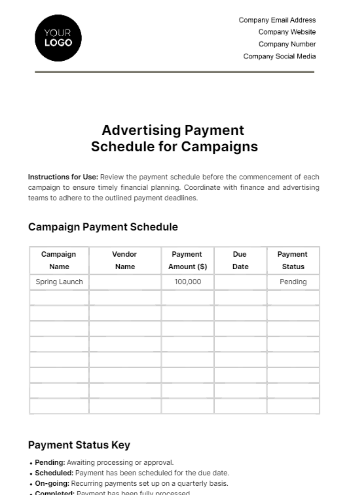 Advertising Payment Schedule for Campaigns Template