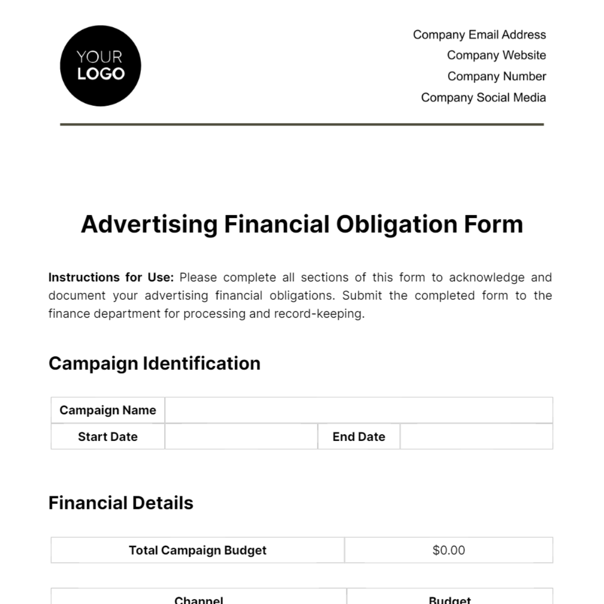 Advertising Financial Obligation Form Template
