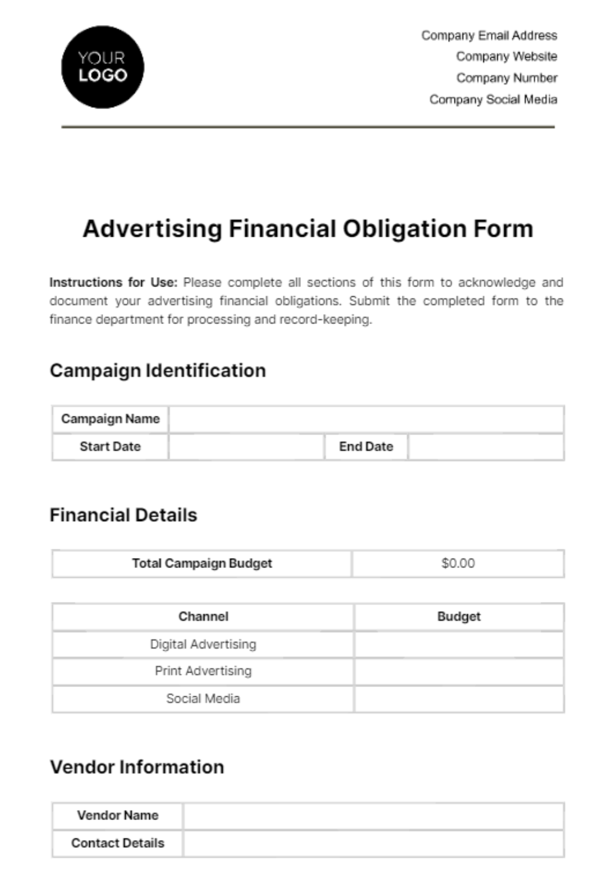 Free Advertising Financial Obligation Form Template
