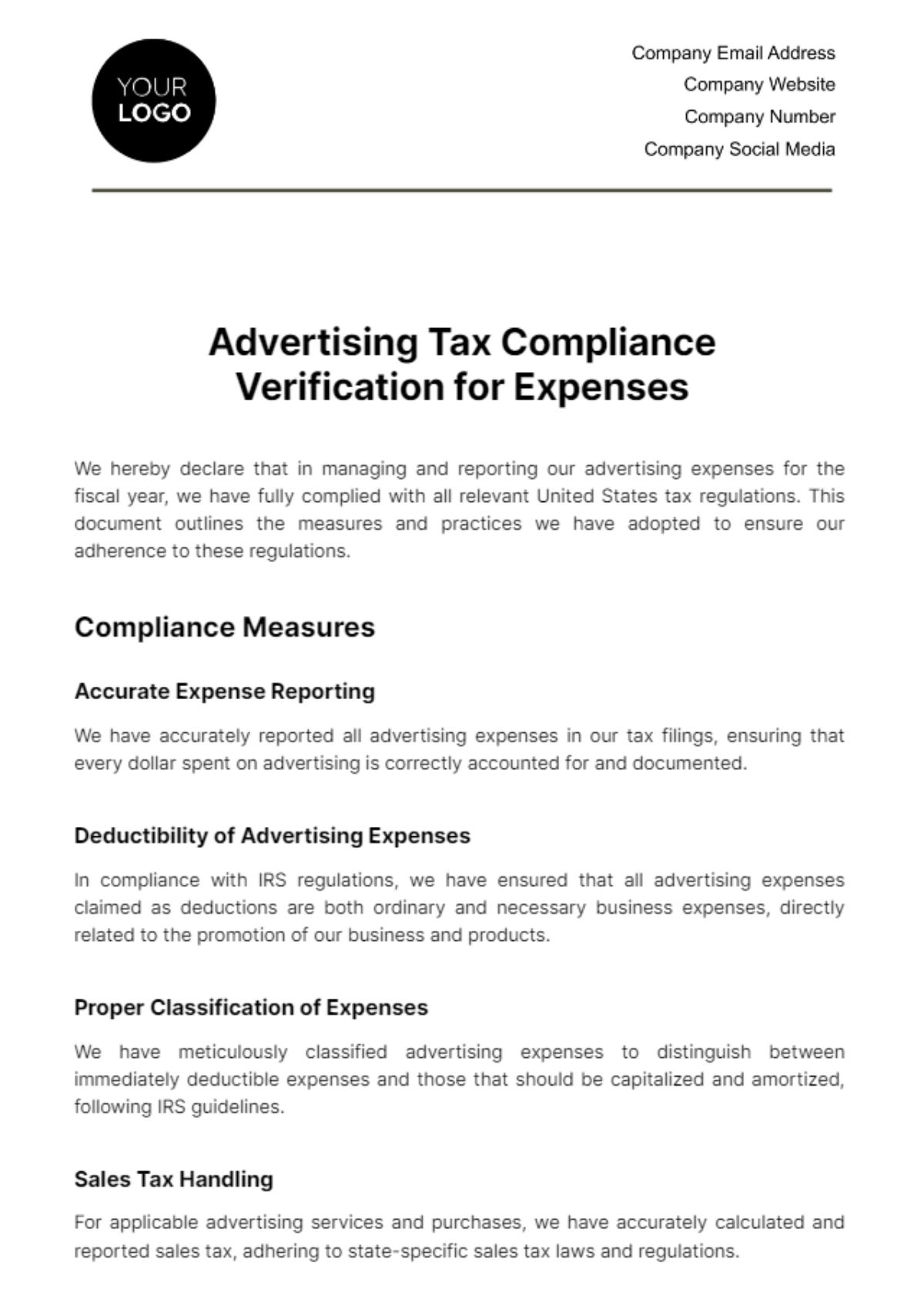 Free Advertising Tax Compliance Verification for Expenses Template