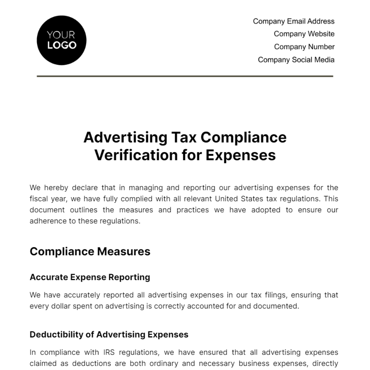 Advertising Tax Compliance Verification for Expenses Template