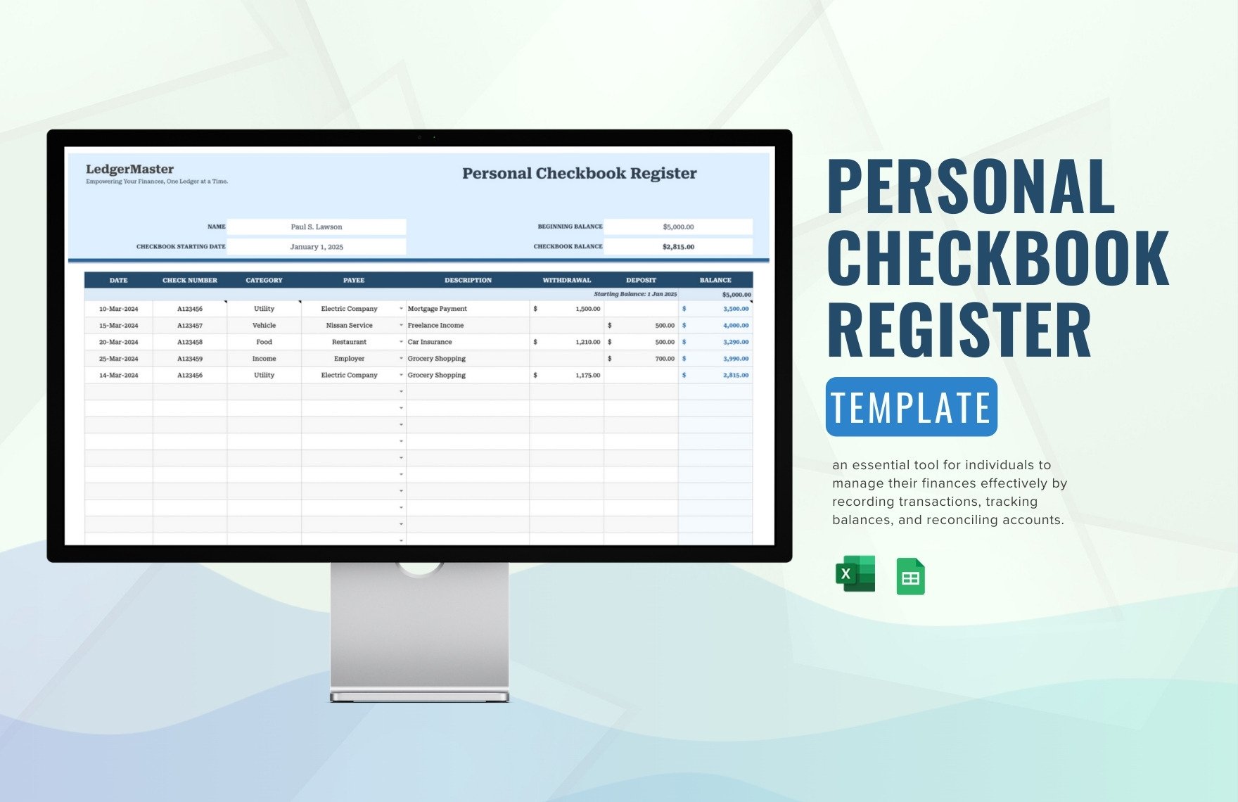 Personal Checkbook Register Template in Excel, Google Sheets