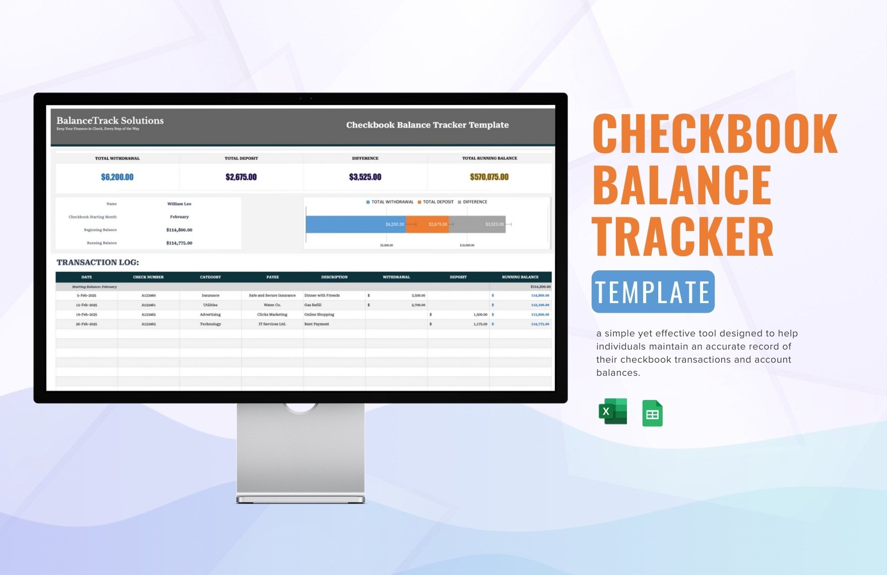 Checkbook Balance Tracker Template in Excel, Google Sheets