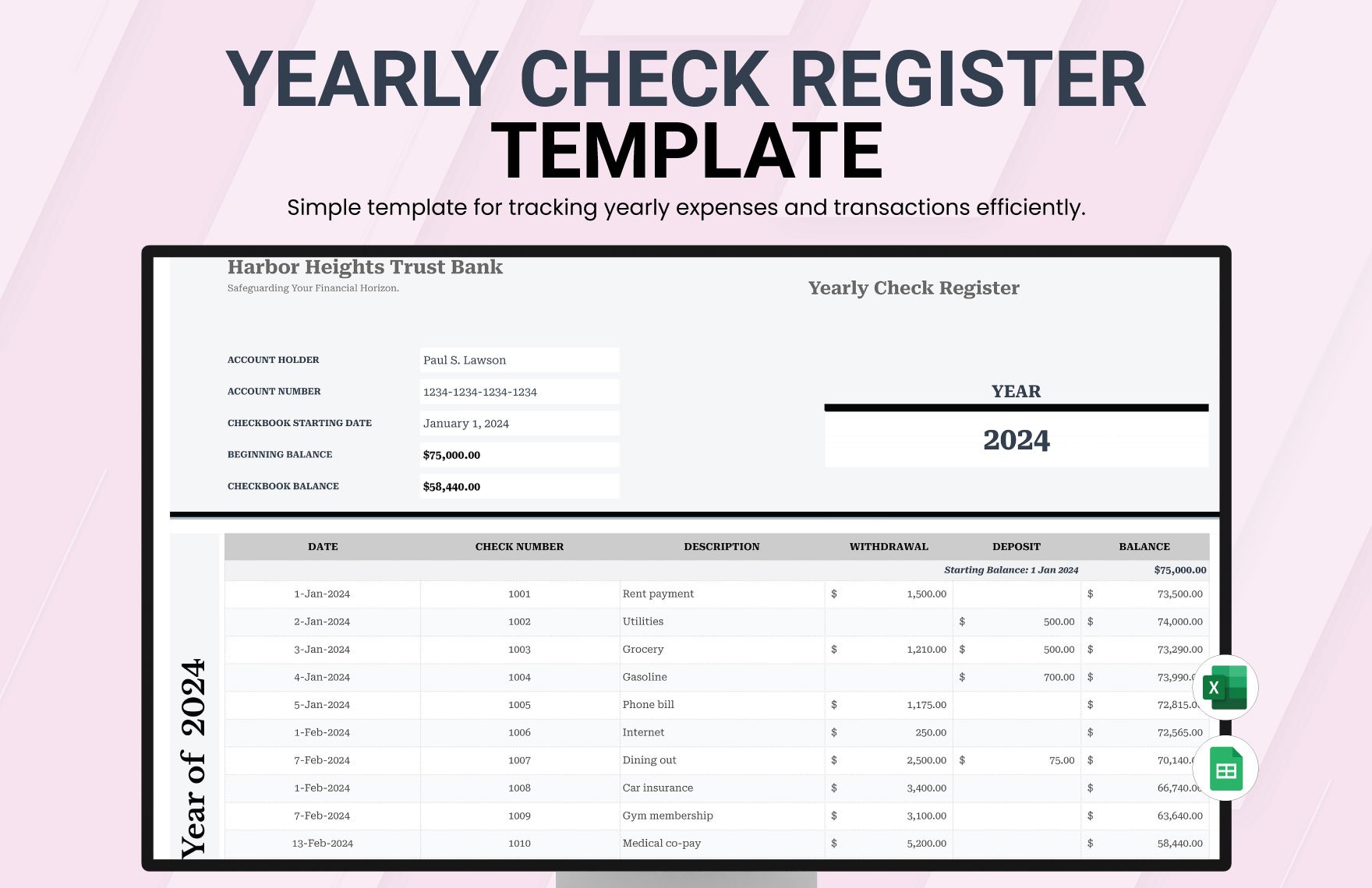 Yearly Check Register Template in Excel, Google Sheets