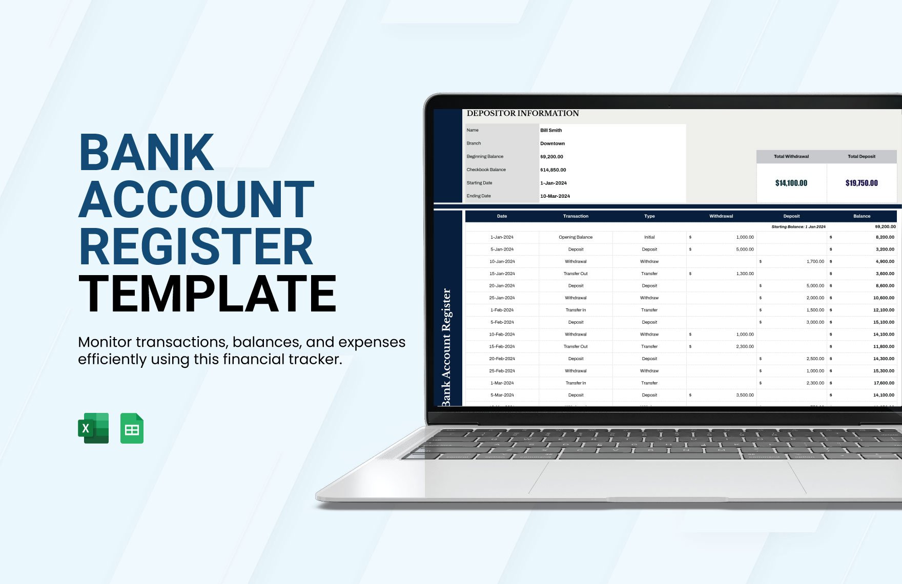 Bank Account Register Template in Excel, Google Sheets
