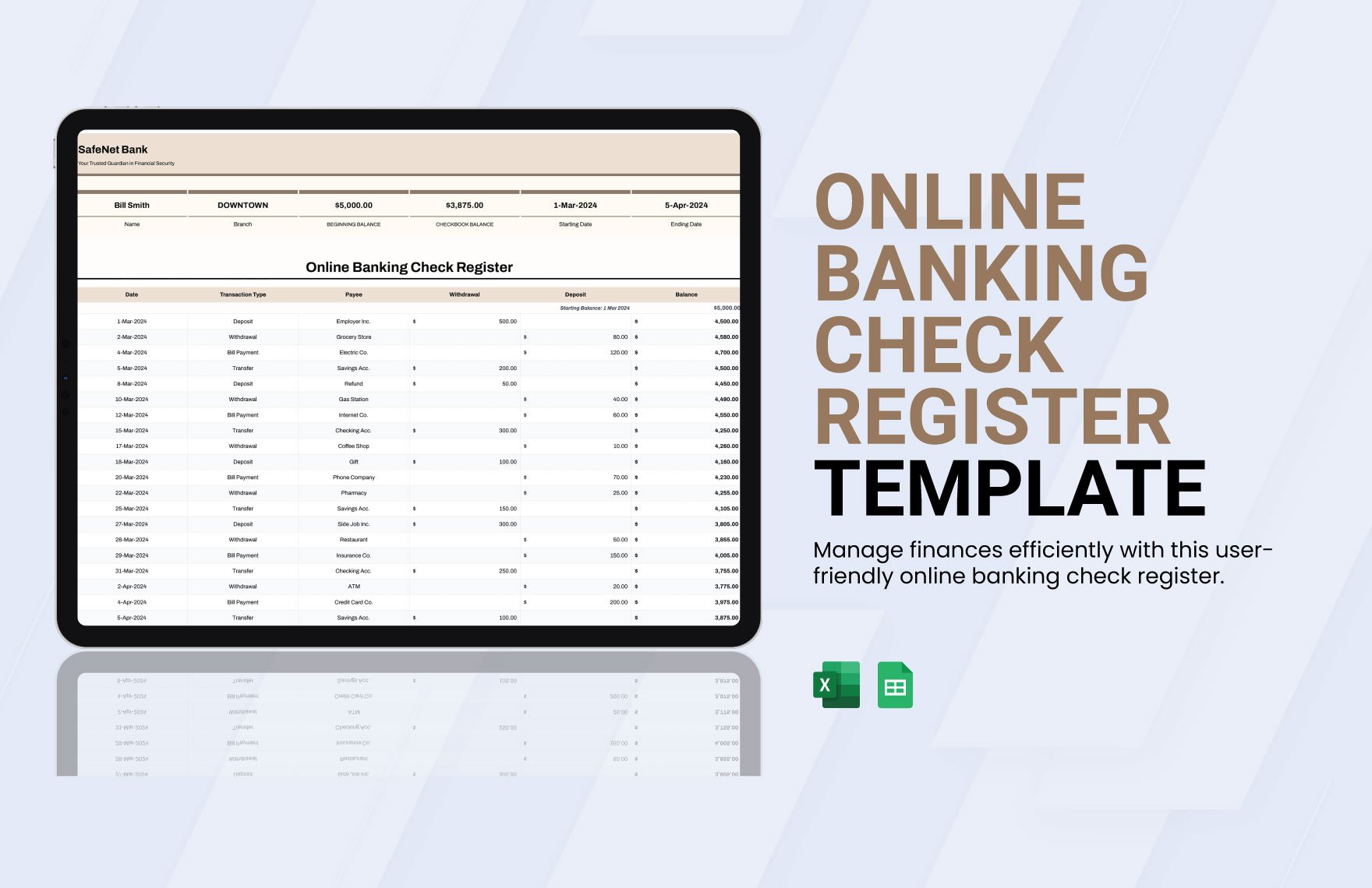 Online Banking Check Register Template in Excel, Google Sheets