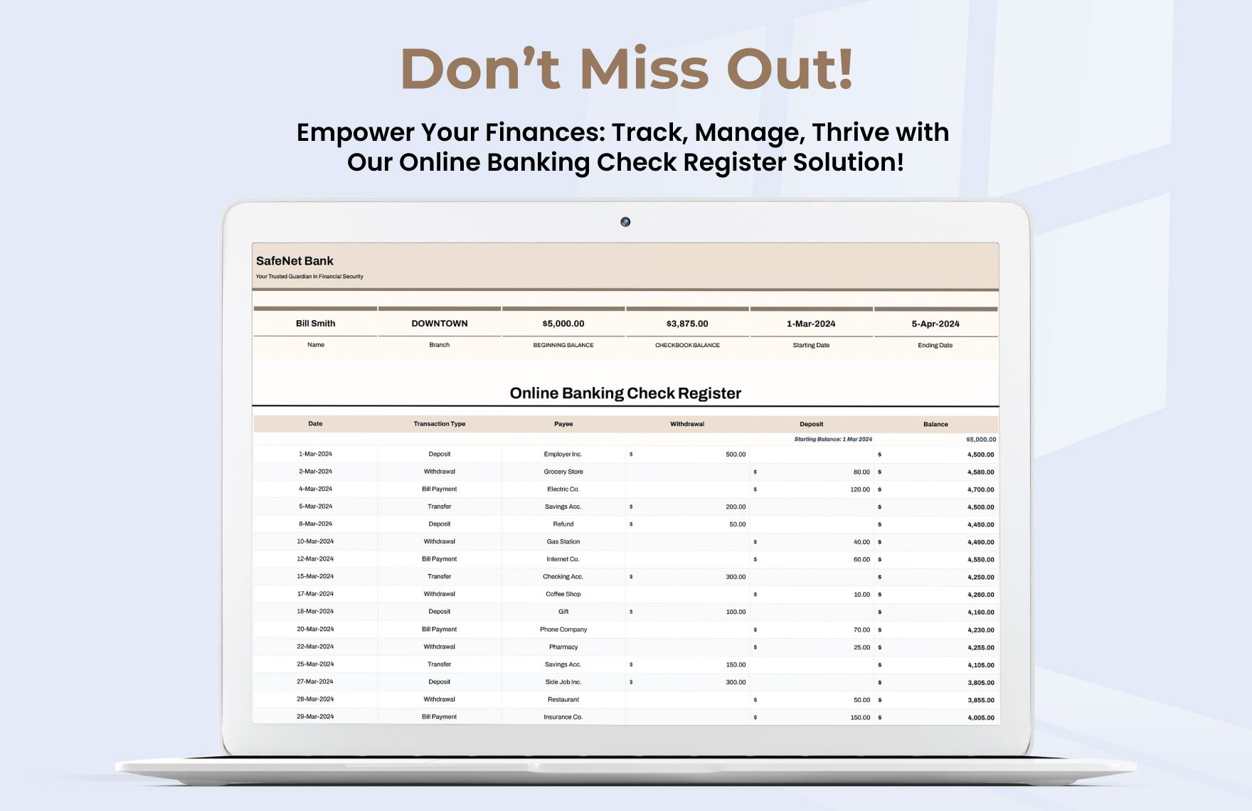 Online Banking Check Register Template