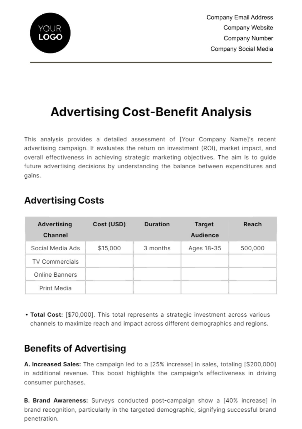 Free Advertising Cost-Benefit Analysis Template