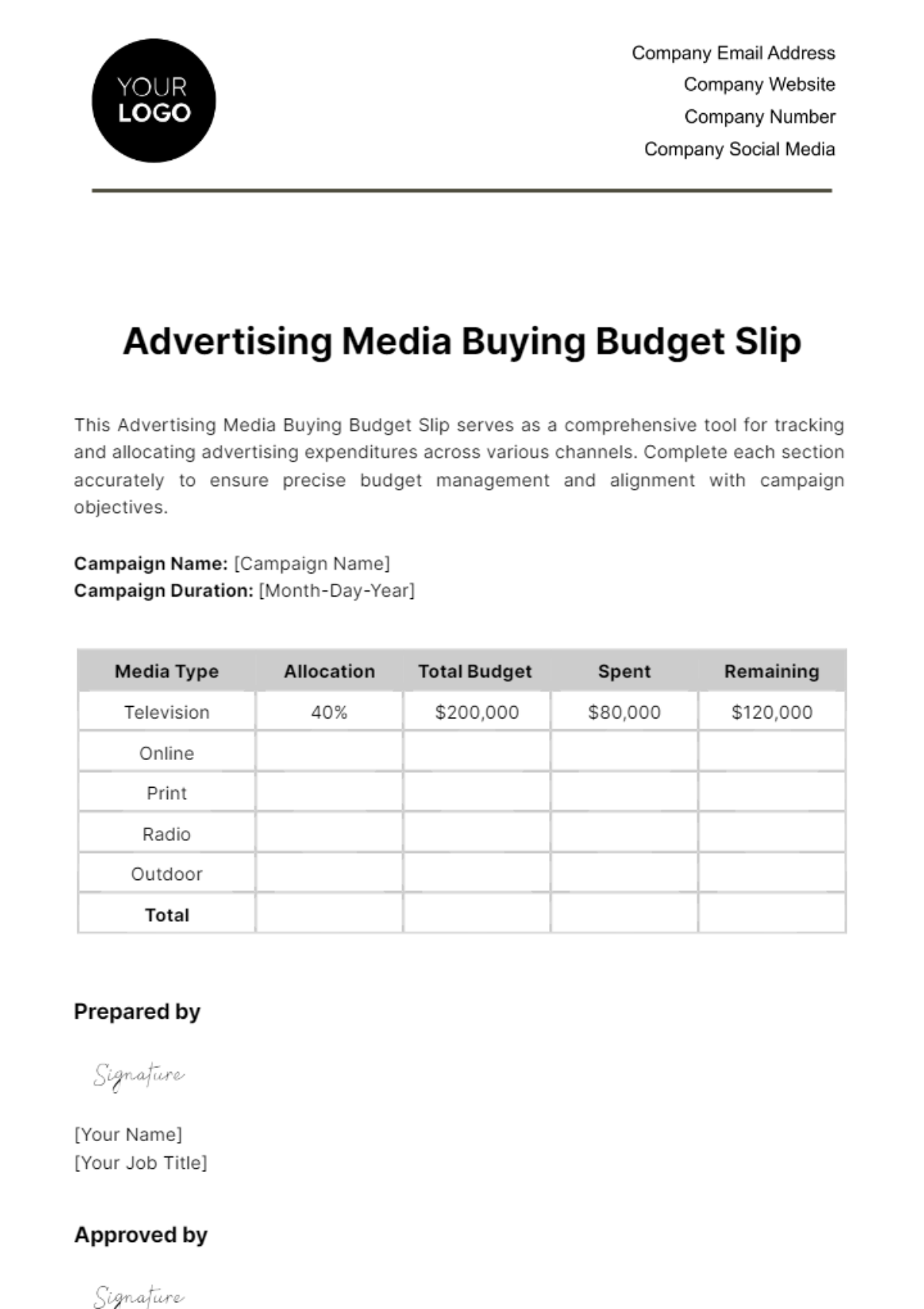 Advertising Media Buying Budget Slip Template