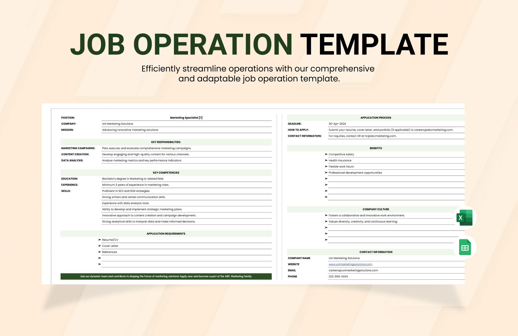 Job Operation Template in Excel, Google Sheets